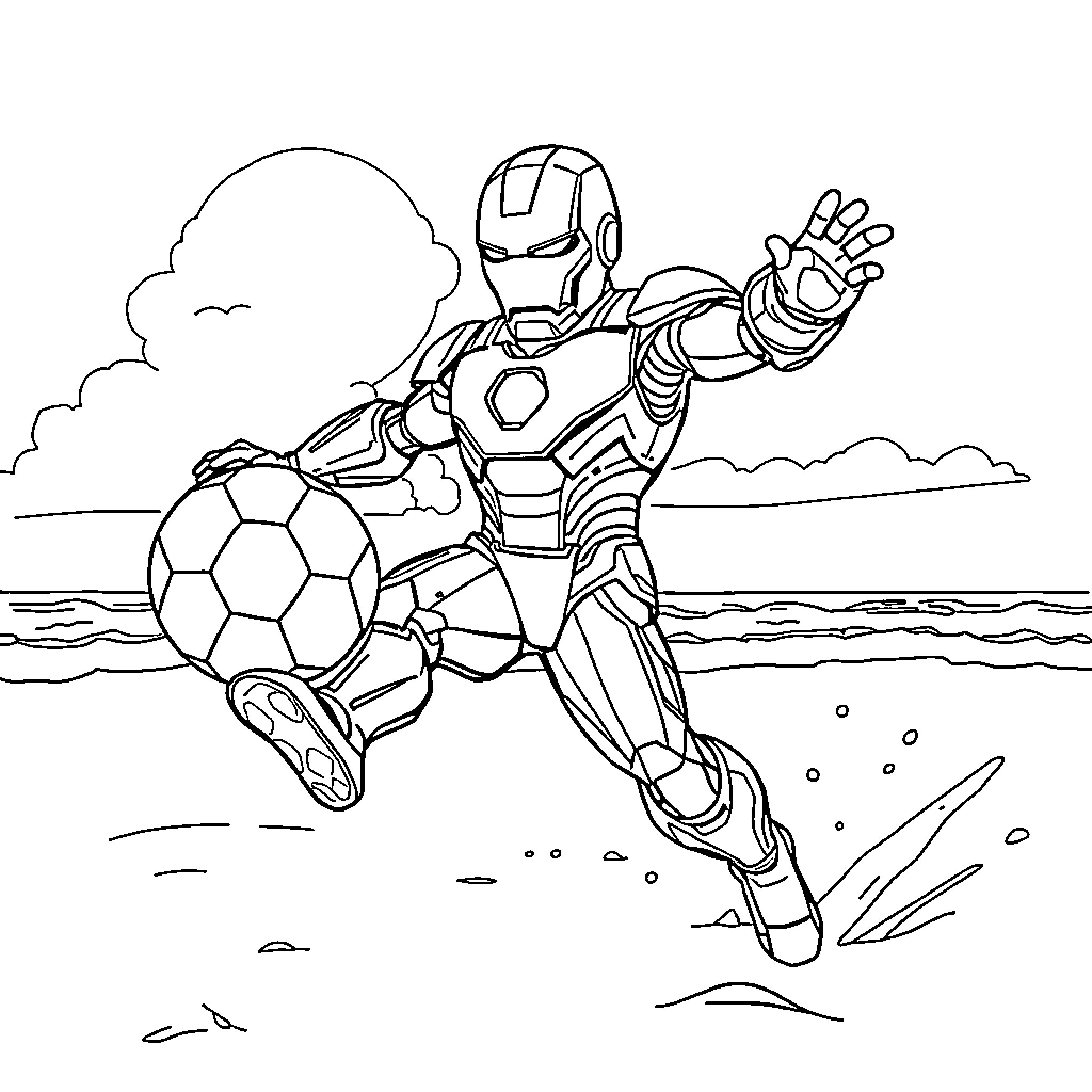 Iron Man playing soccer on the beach Coloring Page (free black-and-white line drawing printable PDF for all, from beginners to advanced learners, including children, teens, adults, and seniors)