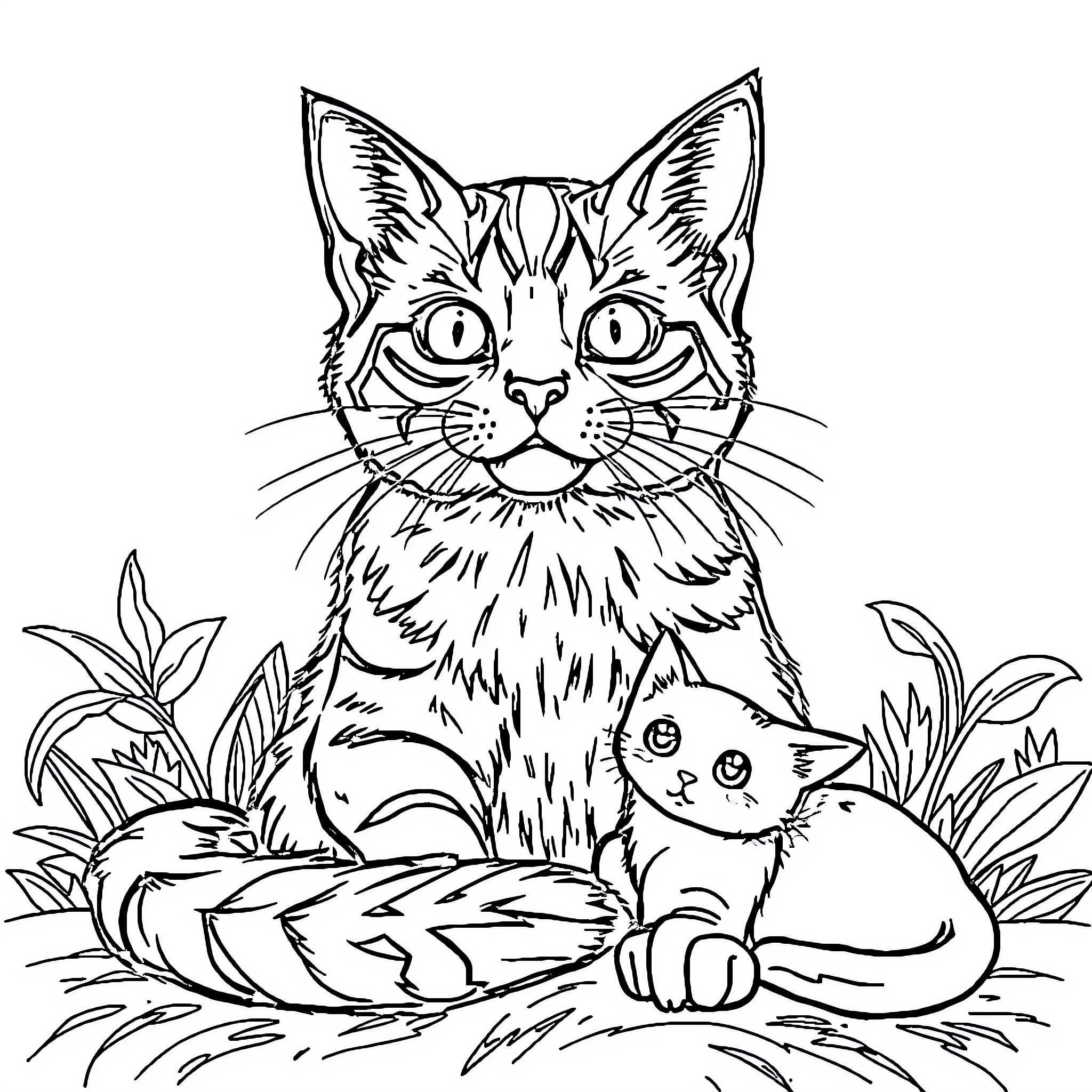 Rainbow Cats exploring the outdoors Coloring Page (free black-and-white line drawing printable PDF for all, from beginners to advanced learners, including children, teens, adults, and seniors)
