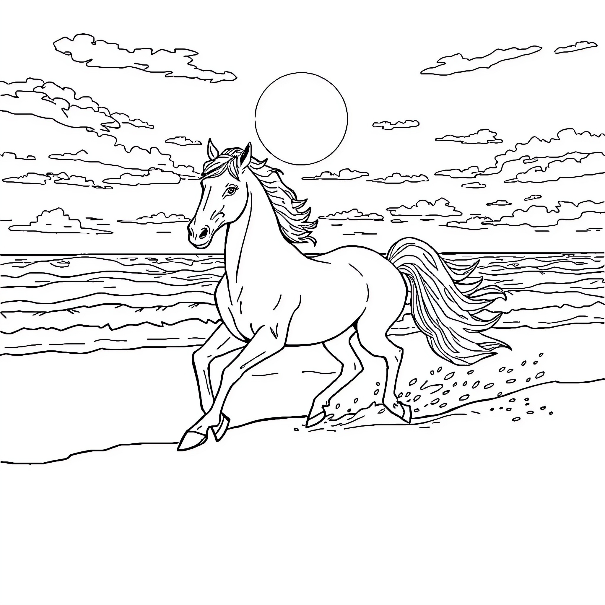 Jument galloping by the sea Coloring Page (free black-and-white line drawing printable PDF for all, from beginners to advanced learners, including children, teens, adults, and seniors)