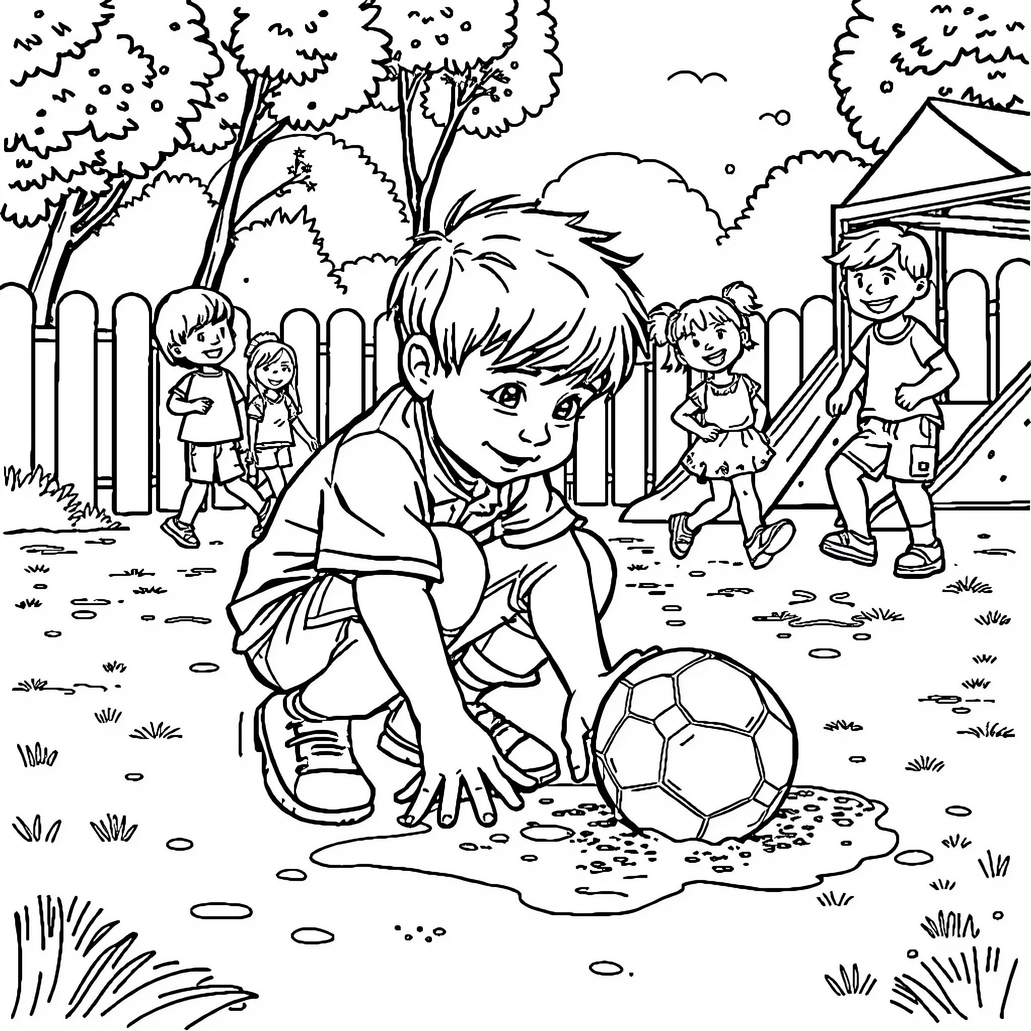 Boy playing with soccer ball in neighborhood Coloring Page (free black-and-white line drawing printable PDF for all, from beginners to advanced learners, including children, teens, adults, and seniors)