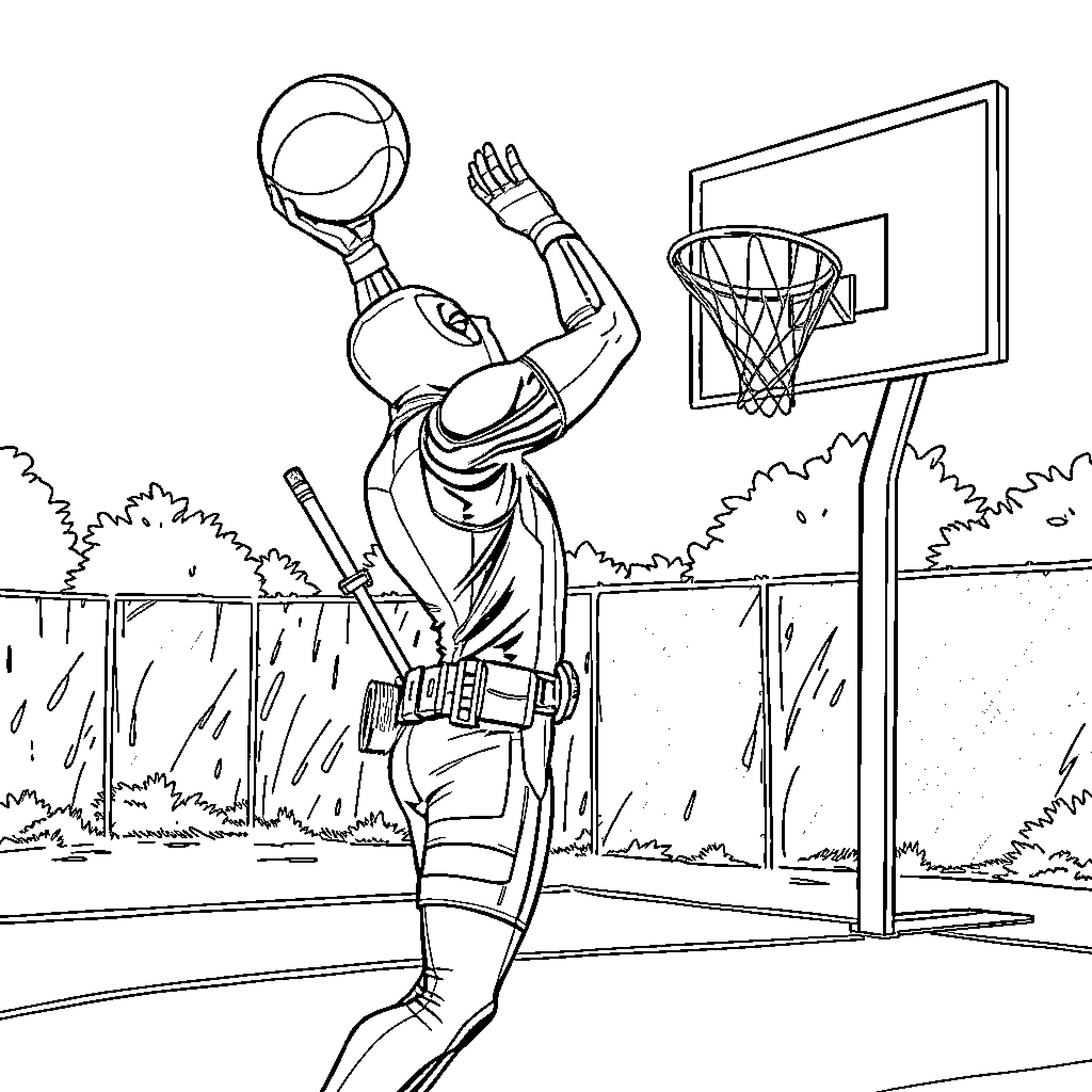 Deadpool Playing Basketball on the Court Coloring Page (free black-and-white line drawing printable PDF for all, from beginners to advanced learners, including children, teens, adults, and seniors)