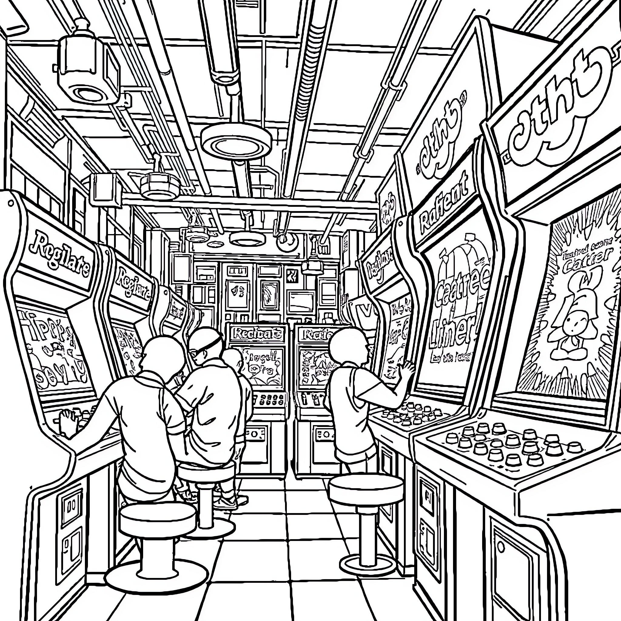 Arcade Arcade Games Filled with Excitement Coloring Page (free black-and-white line drawing printable PDF for all, from beginners to advanced learners, including children, teens, adults, and seniors)