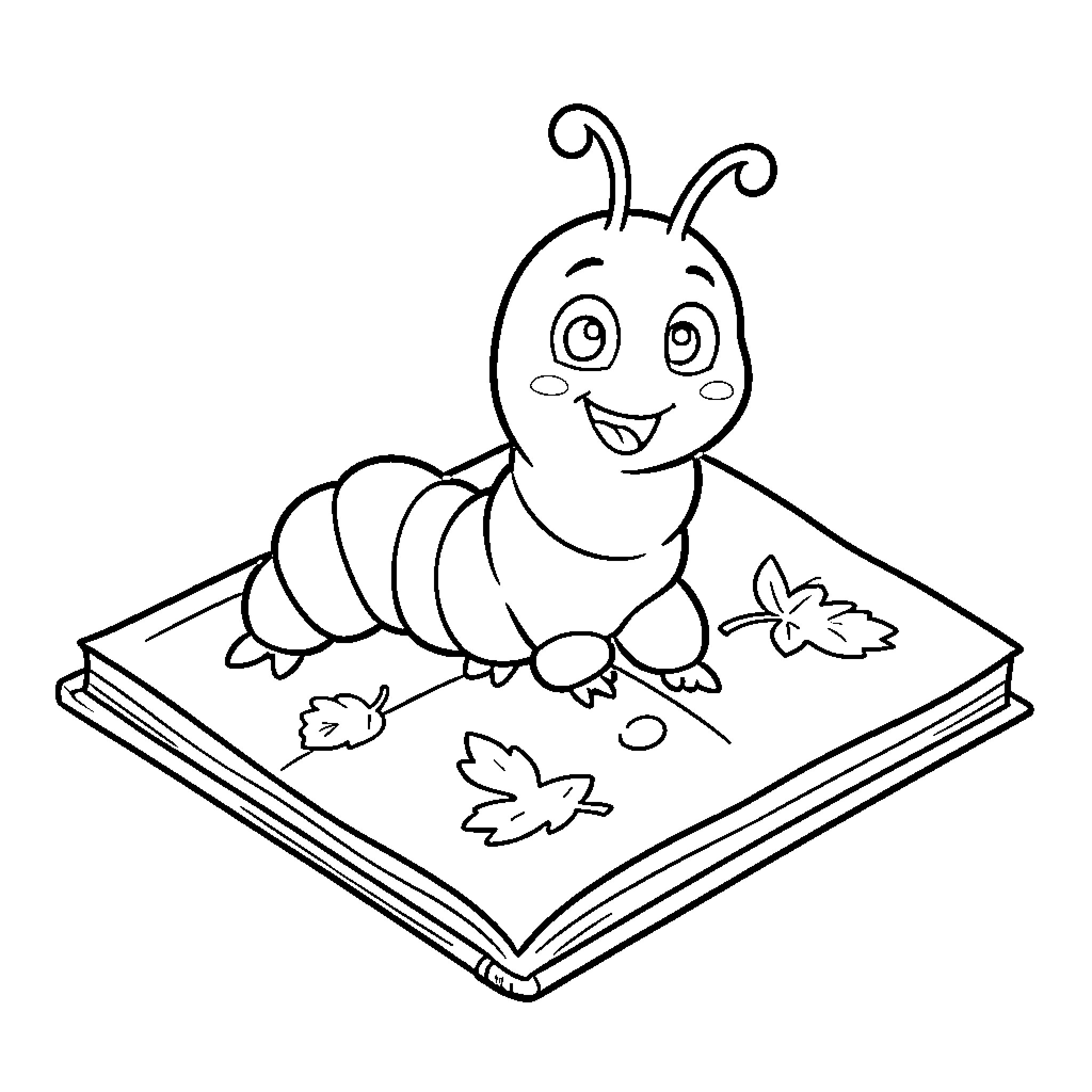 Caterpillar smiling while crawling on an open book Coloring Page (free black-and-white line drawing printable PDF for all, from beginners to advanced learners, including children, teens, adults, and seniors)