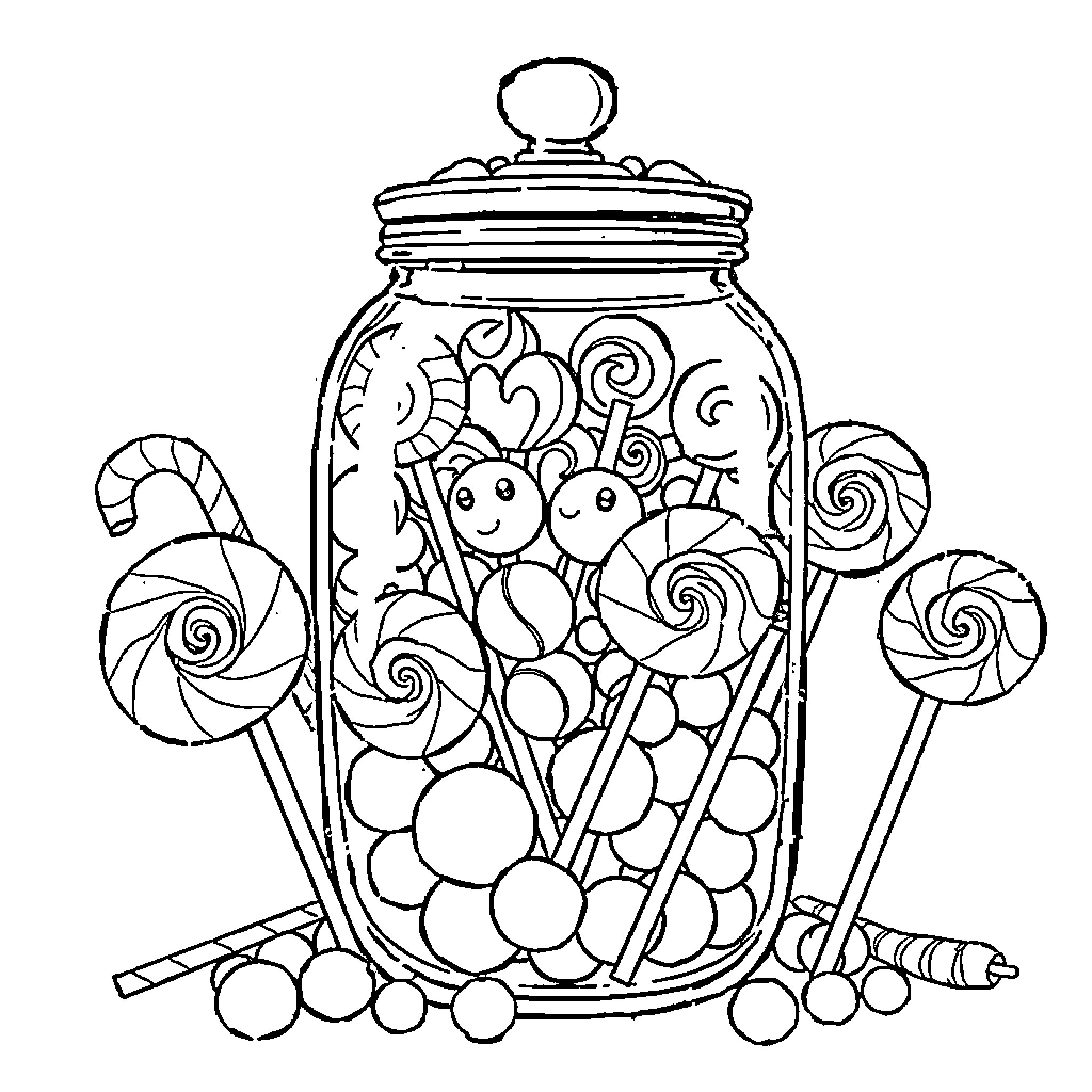 Candy Jar Filled with Sweets and Lollipops Coloring Page (free black-and-white line drawing printable PDF for all, from beginners to advanced learners, including children, teens, adults, and seniors)