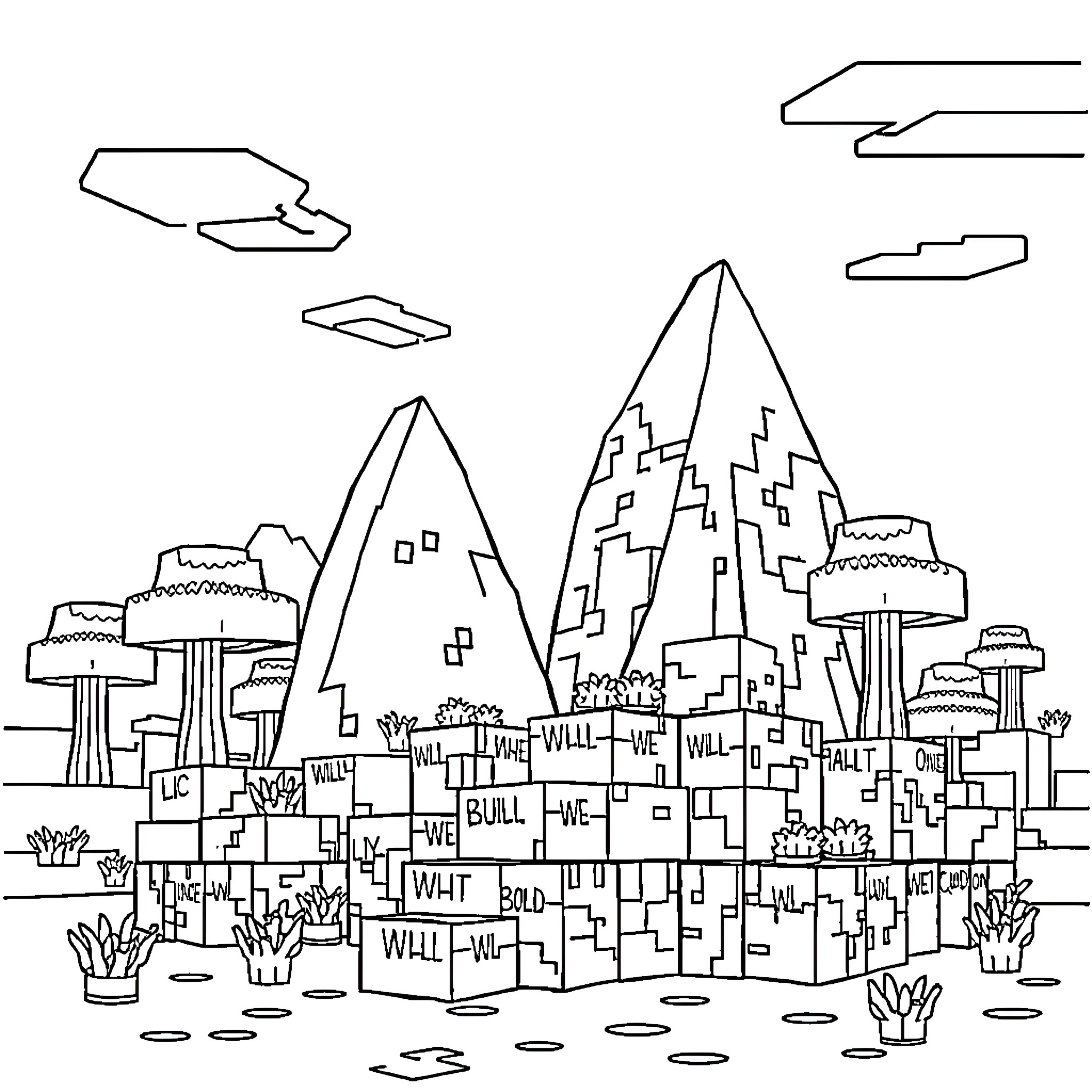 Minecraft Blocky Landscape with Architectural Structures Coloring Page (free black-and-white line drawing printable PDF for all, from beginners to advanced learners, including children, teens, adults, and seniors)