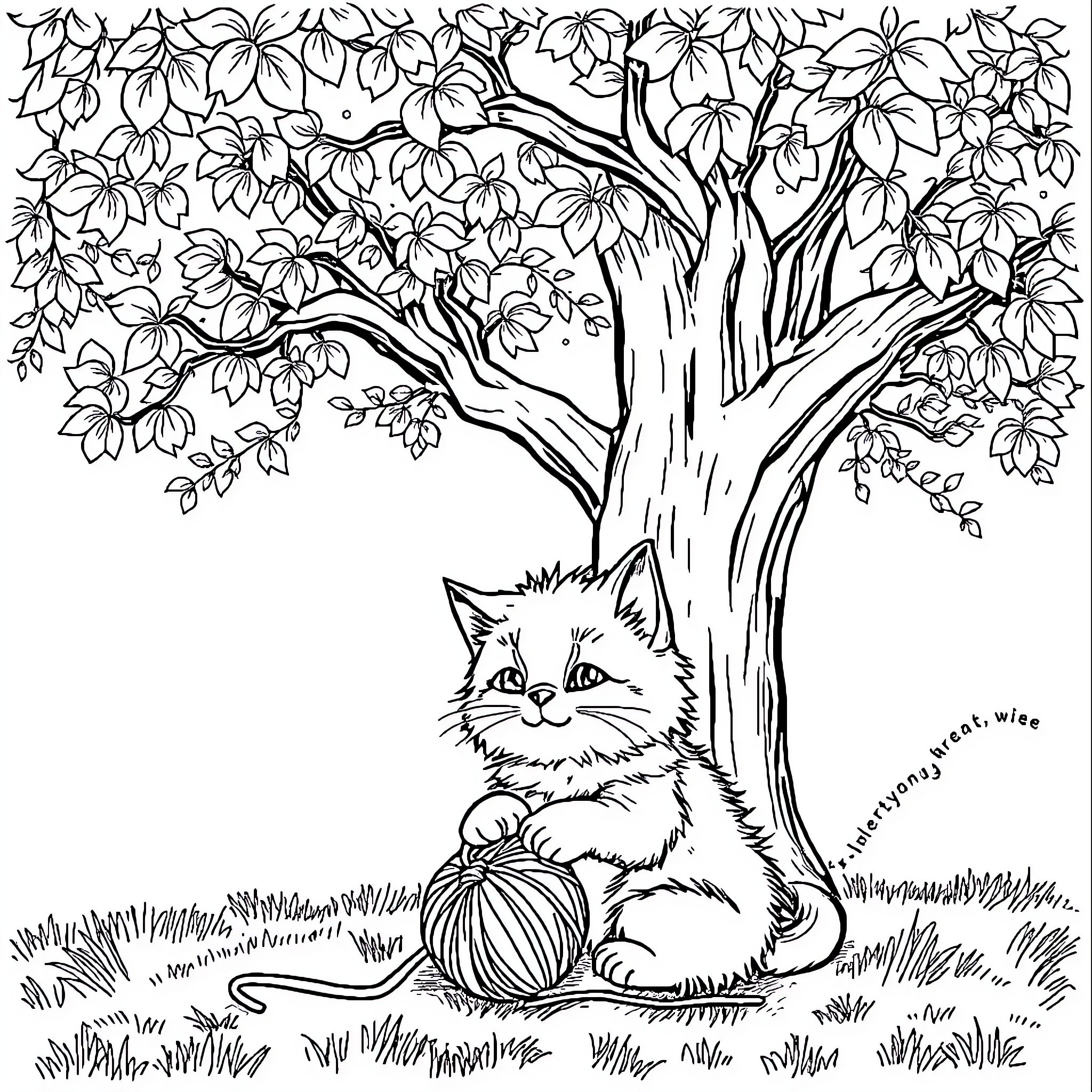 Kitty Resting under Blooming Tree Coloring Page (free black-and-white line drawing printable PDF for all, from beginners to advanced learners, including children, teens, adults, and seniors)