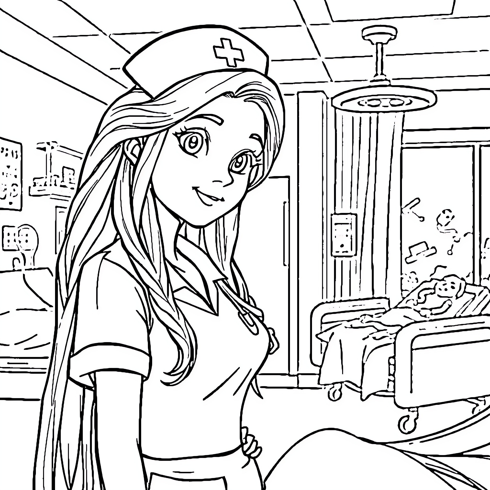 Rapunzel as a nurse tending to her patients Coloring Page (free black-and-white line drawing printable PDF for all, from beginners to advanced learners, including children, teens, adults, and seniors)