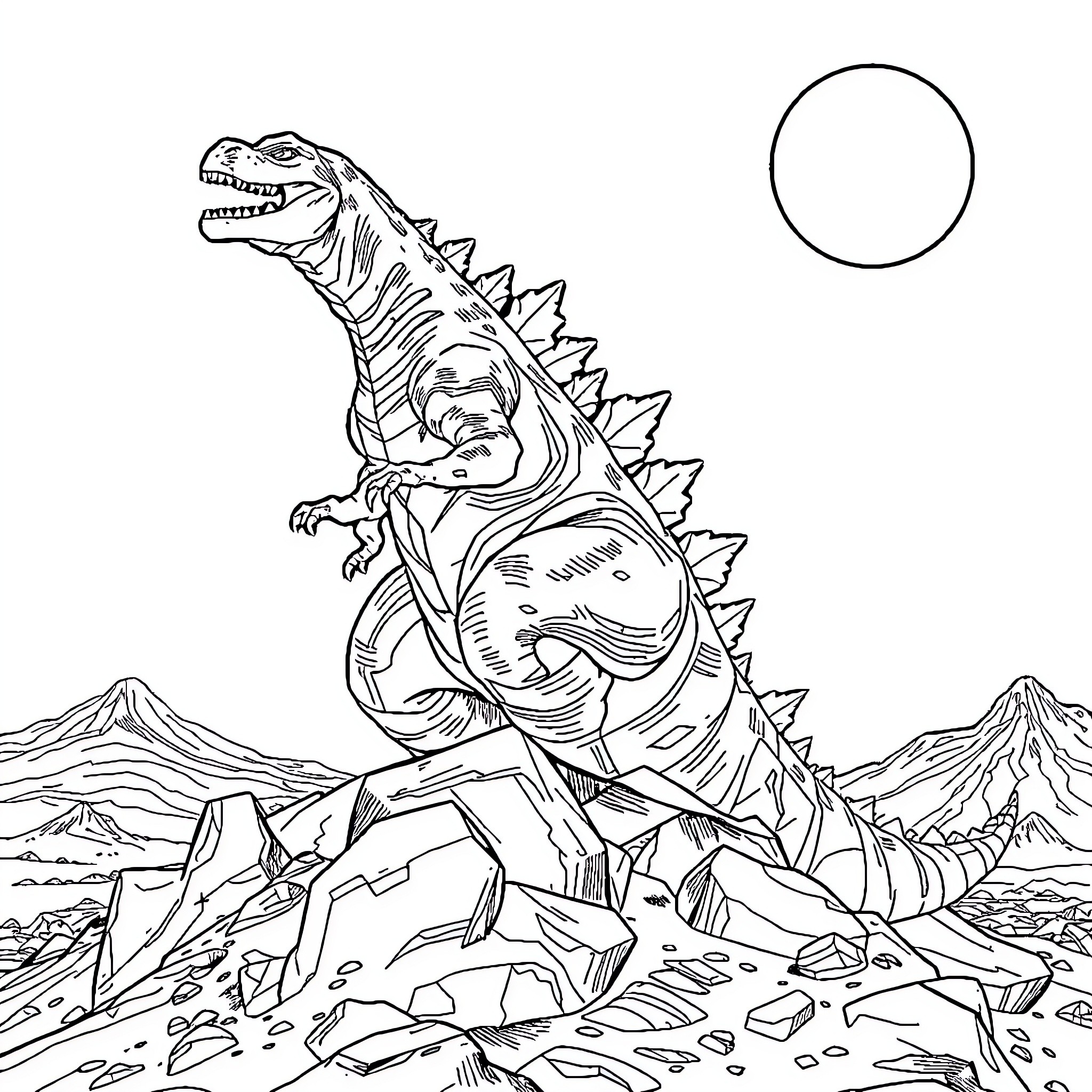 Godzilla stomping through a rugged landscape Coloring Page (free black-and-white line drawing printable PDF for all, from beginners to advanced learners, including children, teens, adults, and seniors)