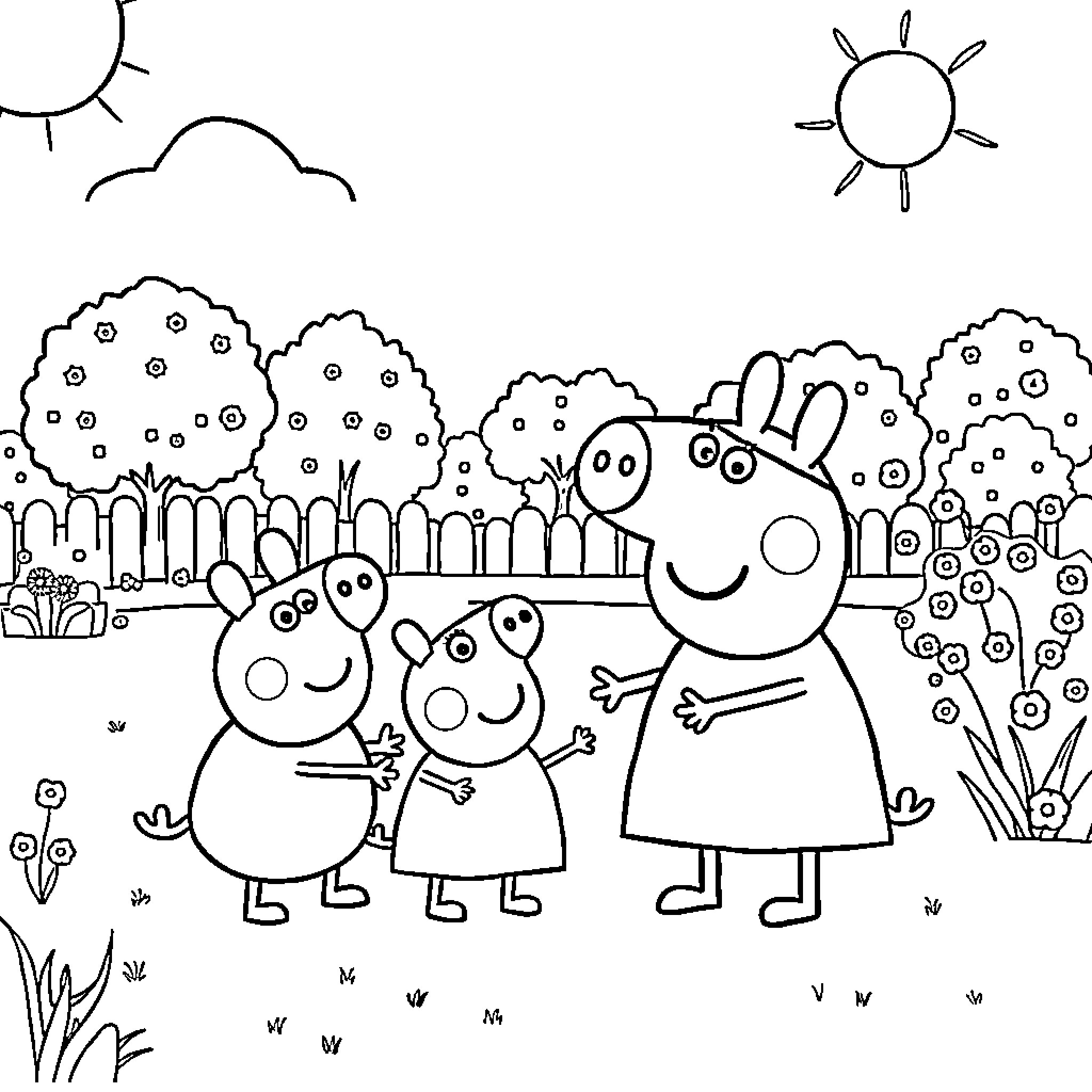 Bluey and family enjoying a sunny day outdoors Coloring Page (free black-and-white line drawing printable PDF for all, from beginners to advanced learners, including children, teens, adults, and seniors)