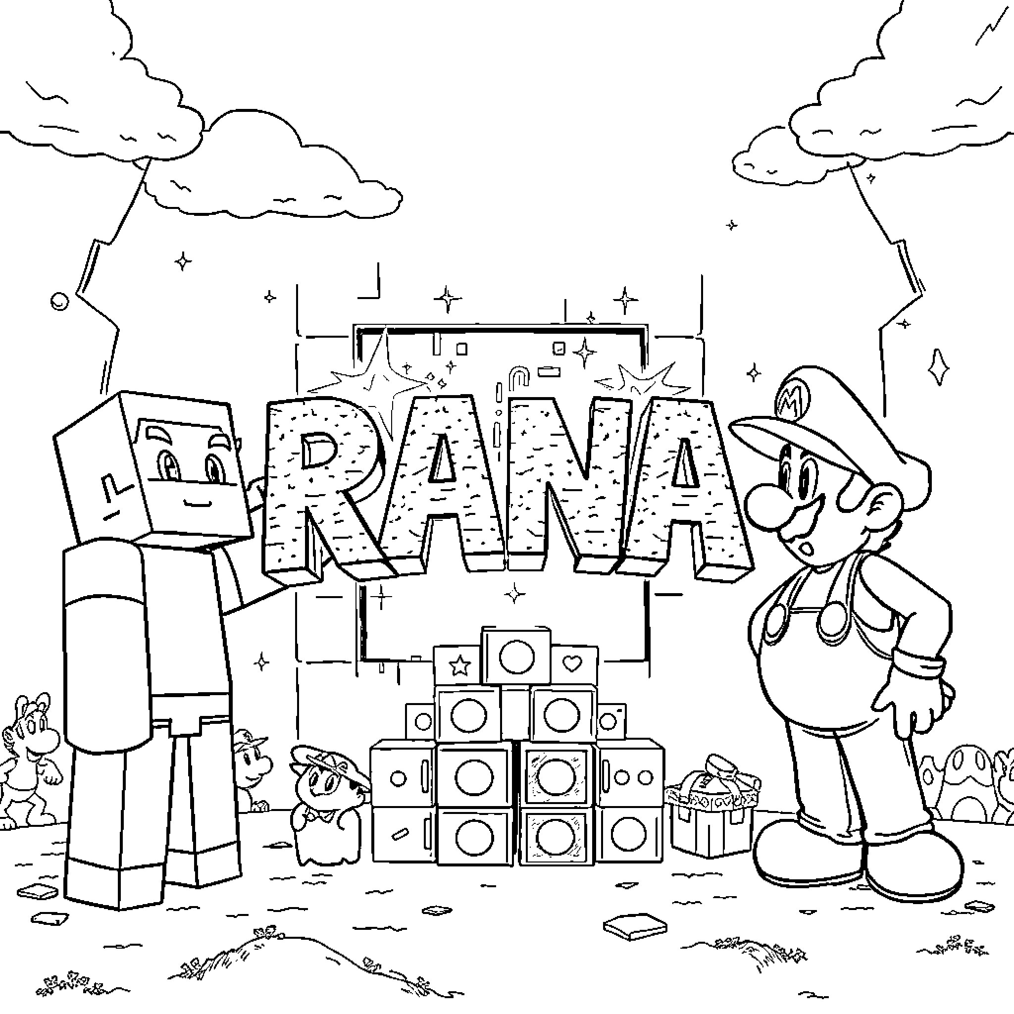 Rana's Exciting Gaming Adventure Coloring Page (free black-and-white line drawing printable PDF for all, from beginners to advanced learners, including children, teens, adults, and seniors)