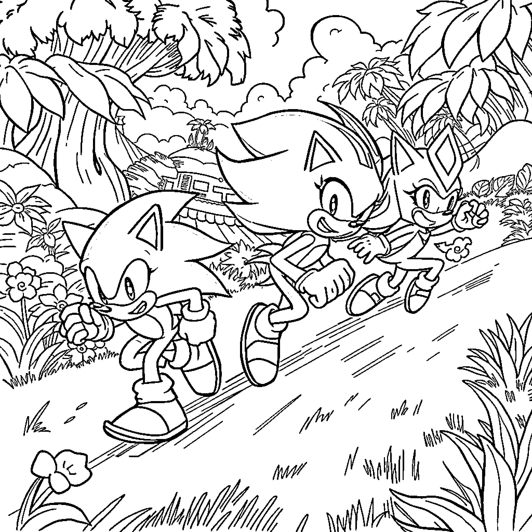 Sonic's Jungle Adventure with Friends Coloring Page (free black-and-white line drawing printable PDF for all, from beginners to advanced learners, including children, teens, adults, and seniors)