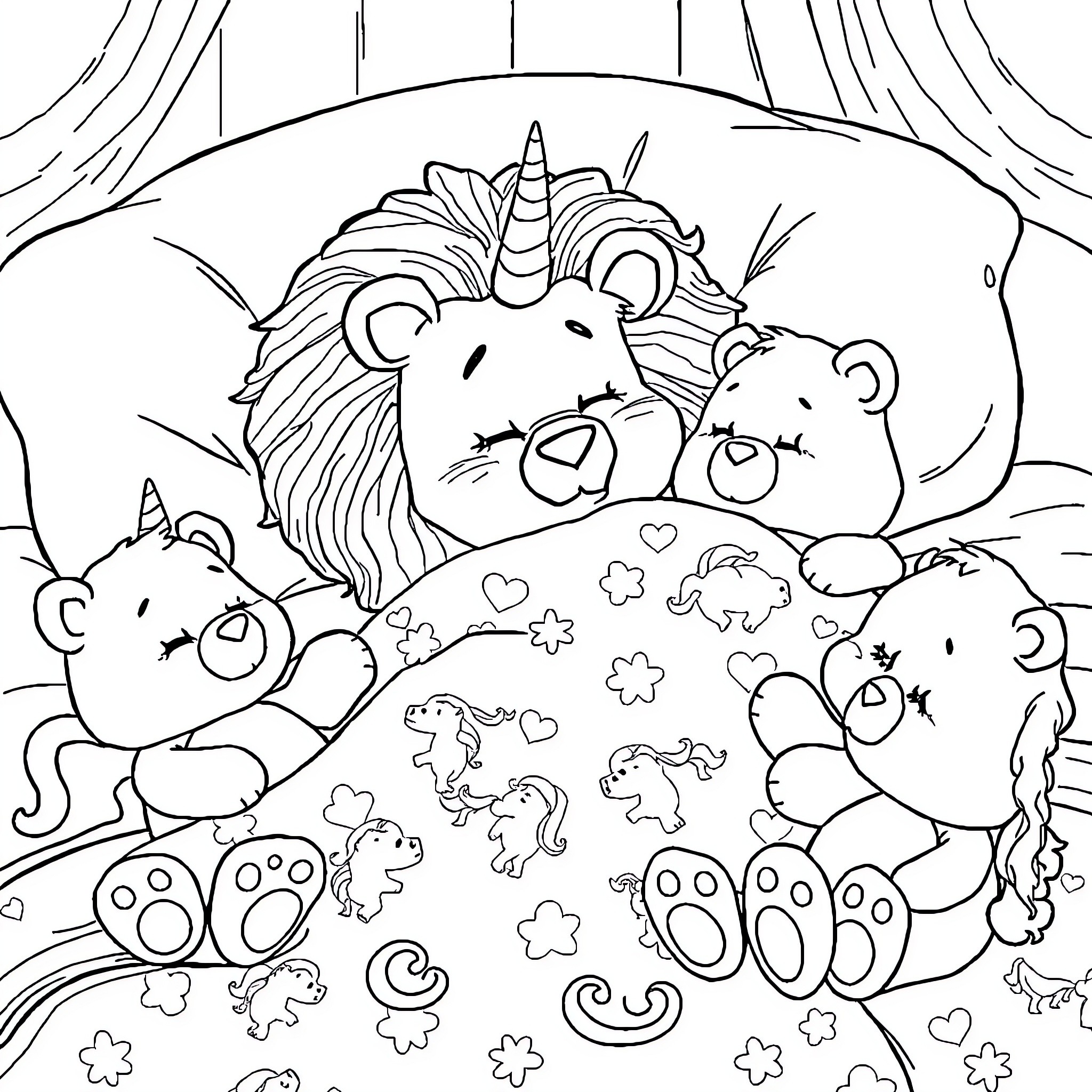Lion with Unicorn and Teddy Bears in Enchanted Meadow Coloring Page (free black-and-white line drawing printable PDF for all, from beginners to advanced learners, including children, teens, adults, and seniors)