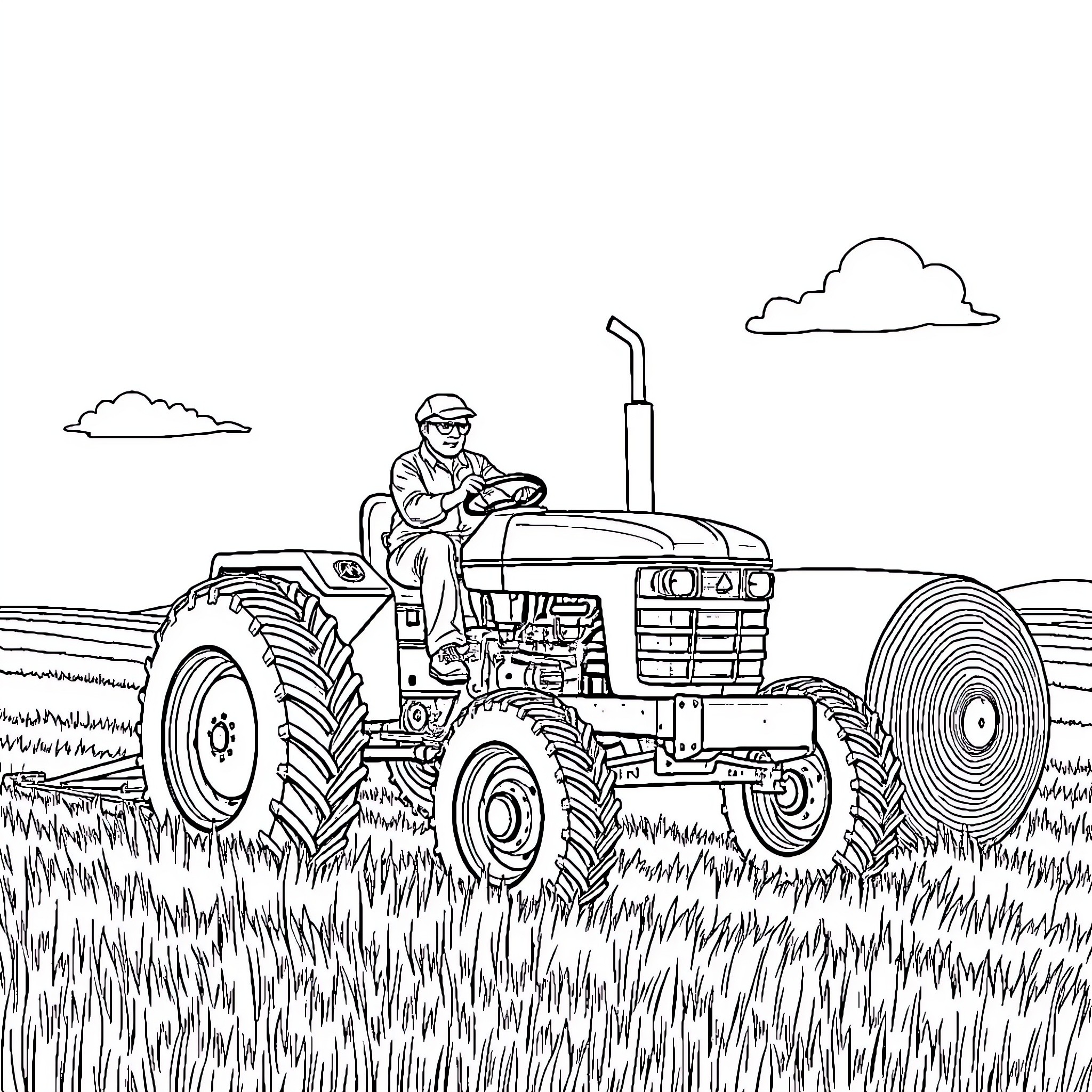 Tractor plowing through fields with farmer at the helm Coloring Page (free black-and-white line drawing printable PDF for all, from beginners to advanced learners, including children, teens, adults, and seniors)