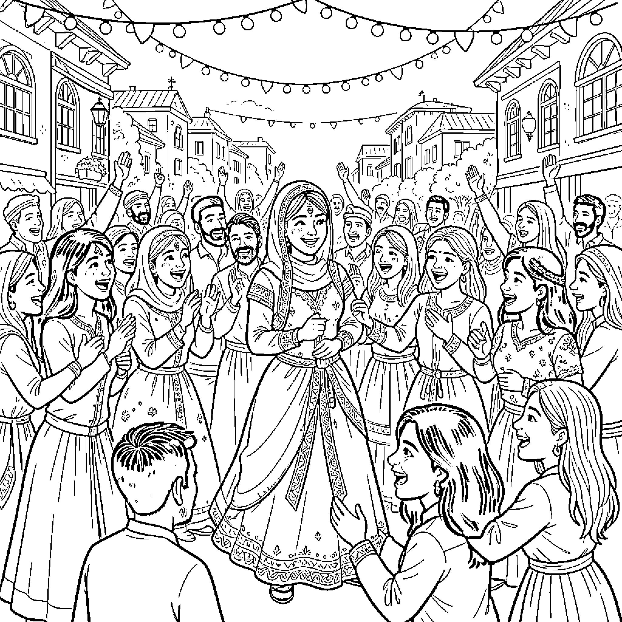 Aissa Mandi celebrating with a joyful group of people Coloring Page (free black-and-white line drawing printable PDF for all, from beginners to advanced learners, including children, teens, adults, and seniors)