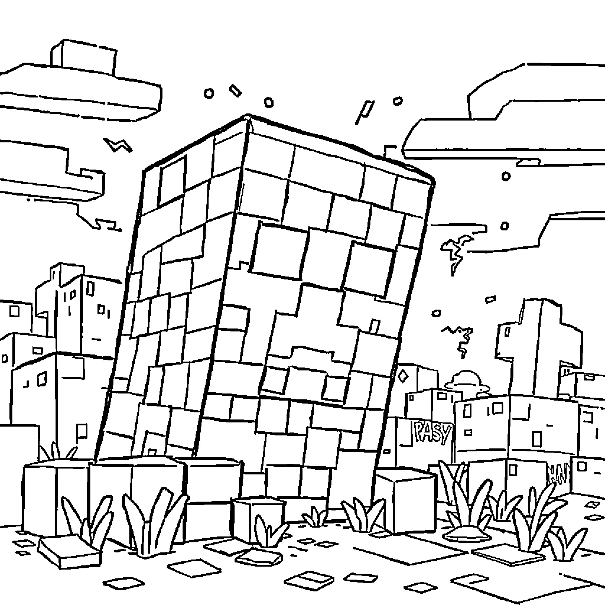 Creeper exploring the urban landscape Coloring Page (free black-and-white line drawing printable PDF for all, from beginners to advanced learners, including children, teens, adults, and seniors)