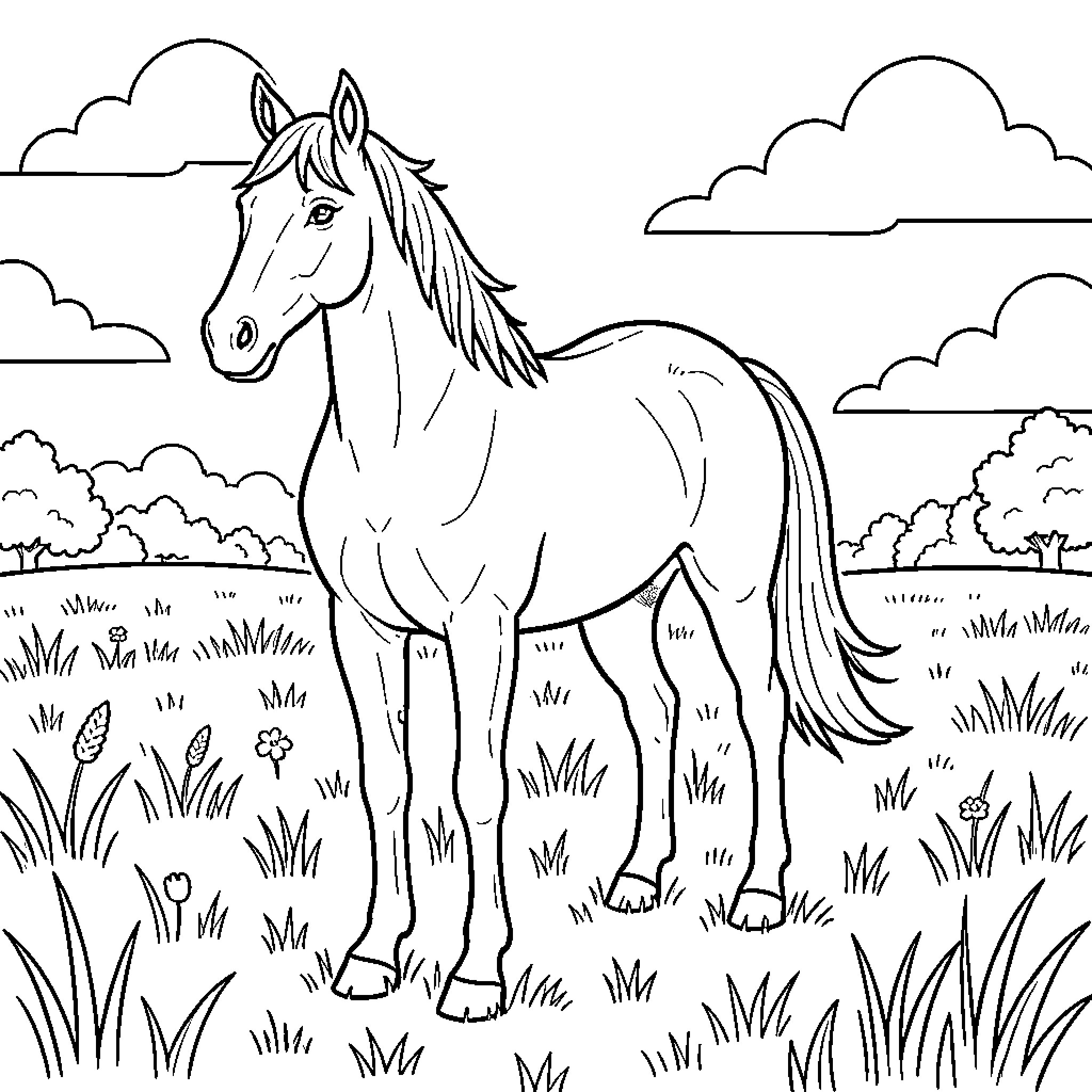Horse standing calmly in a grassy meadow Coloring Page (free black-and-white line drawing printable PDF for all, from beginners to advanced learners, including children, teens, adults, and seniors)