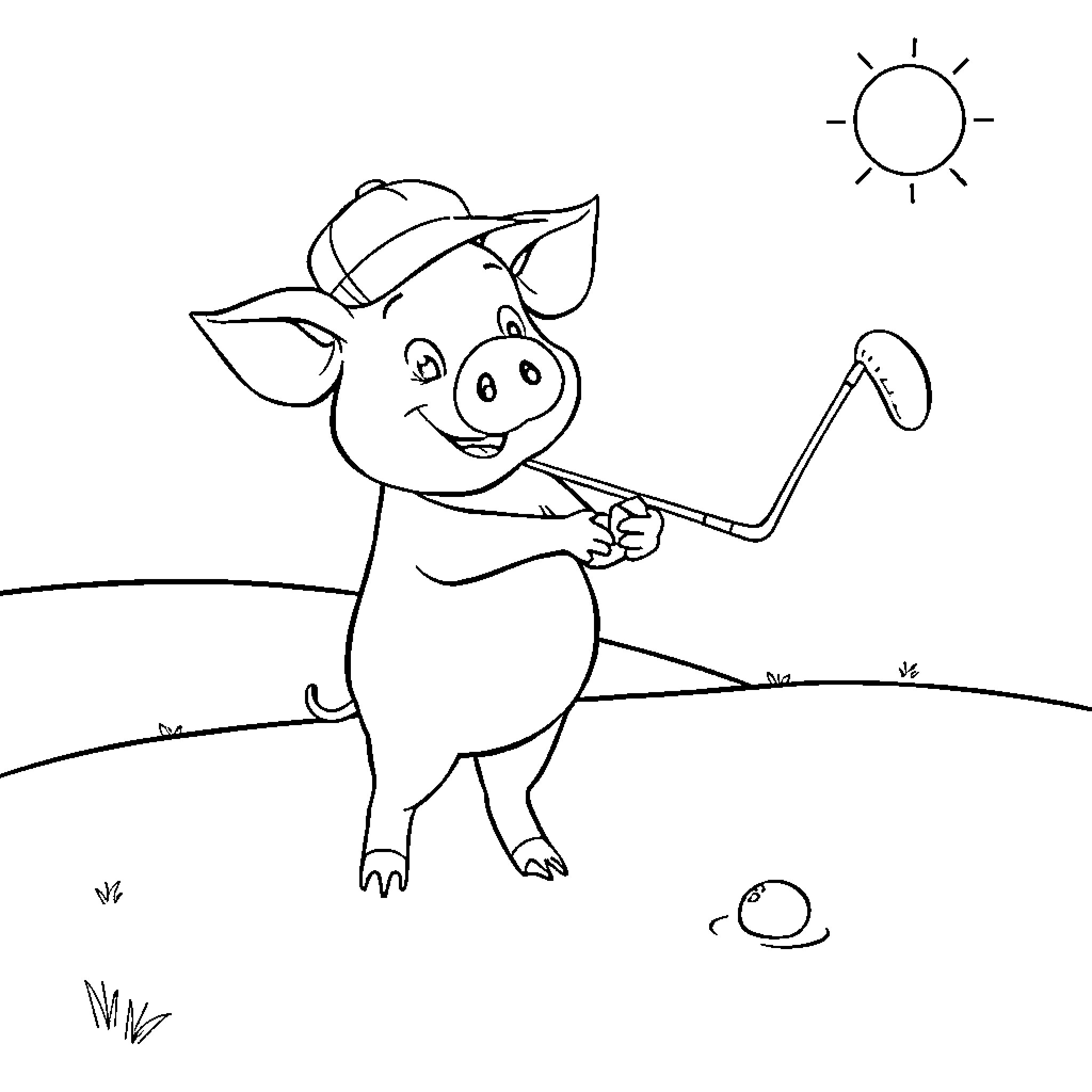Pig playing with gardening tools in the sun Coloring Page (free black-and-white line drawing printable PDF for all, from beginners to advanced learners, including children, teens, adults, and seniors)