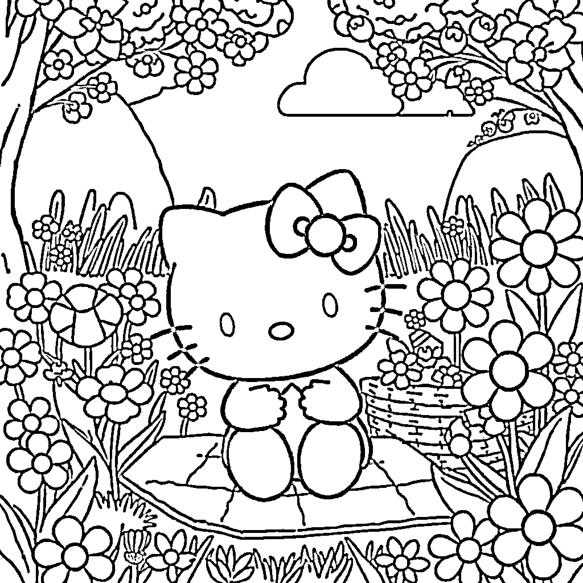 Hello Kitty relaxing in a floral garden Coloring Page (free black-and-white line drawing printable PDF for all, from beginners to advanced learners, including children, teens, adults, and seniors)
