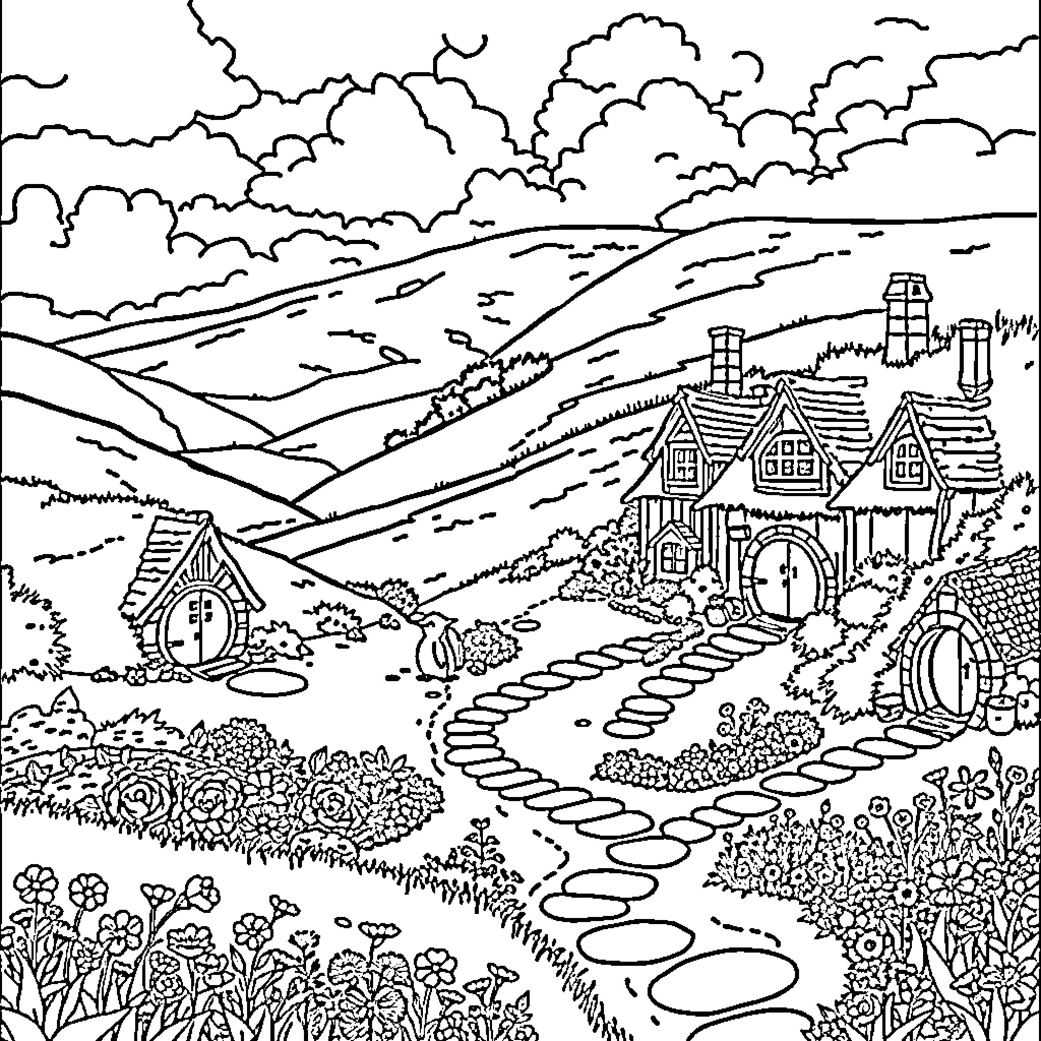 Shire village nestled in rolling hills and cloudy sky Coloring Page (free black-and-white line drawing printable PDF for all, from beginners to advanced learners, including children, teens, adults, and seniors)