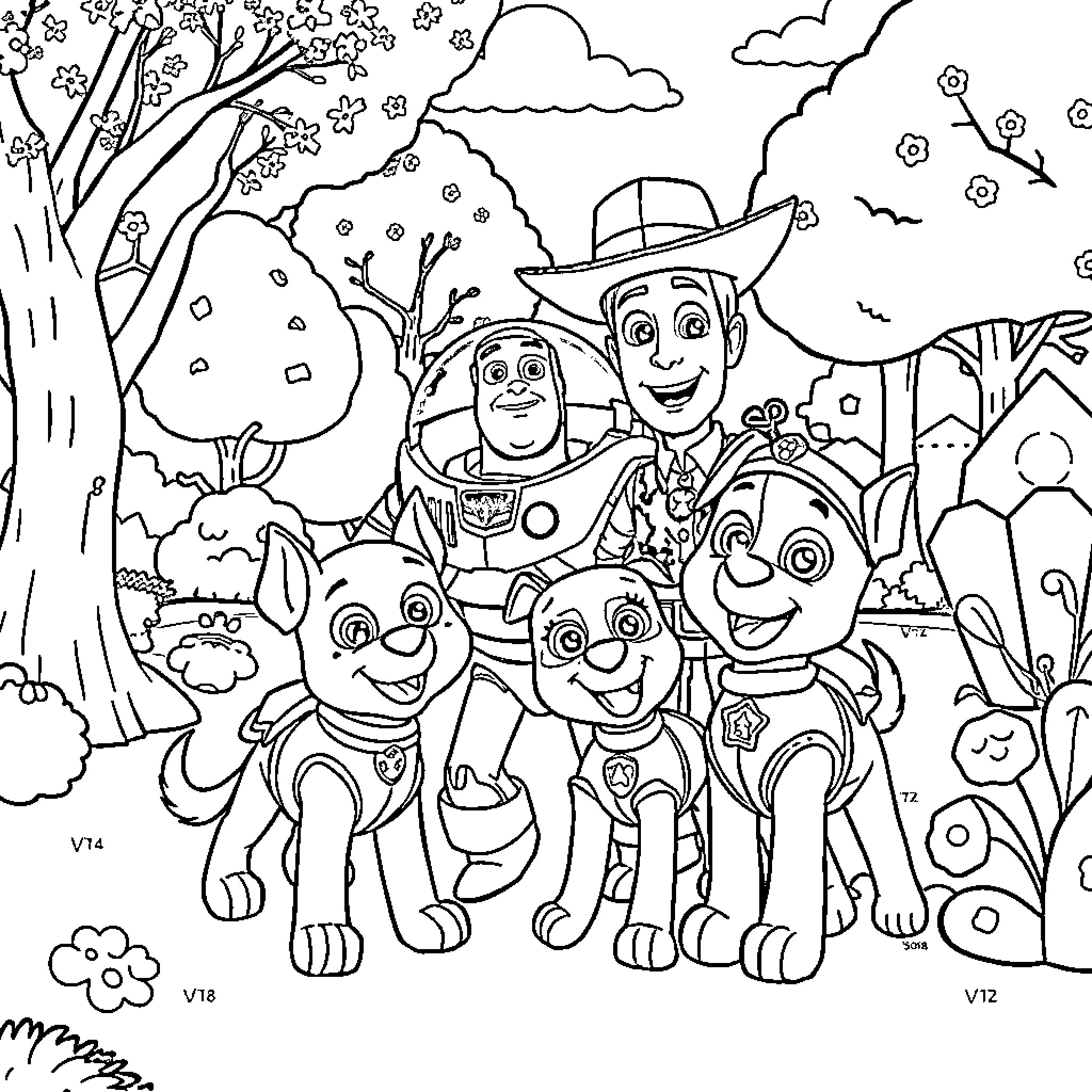 Paw Patrol characters enjoying an outdoor adventure Coloring Page (free black-and-white line drawing printable PDF for all, from beginners to advanced learners, including children, teens, adults, and seniors)