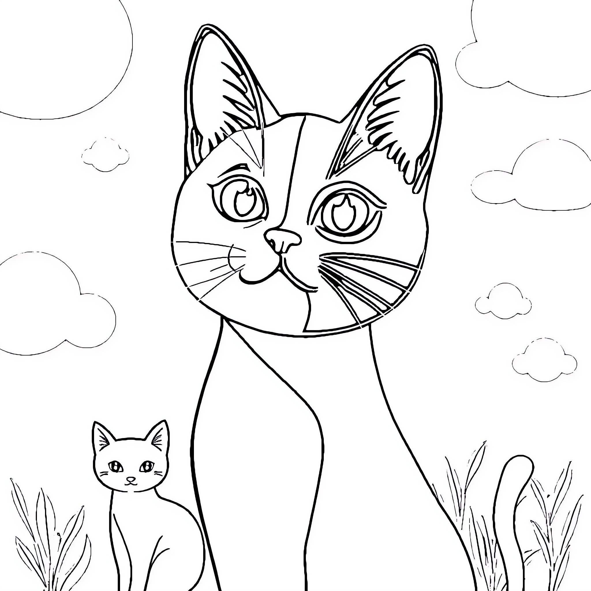 Cat contemplating in a serene environment Coloring Page (free black-and-white line drawing printable PDF for all, from beginners to advanced learners, including children, teens, adults, and seniors)