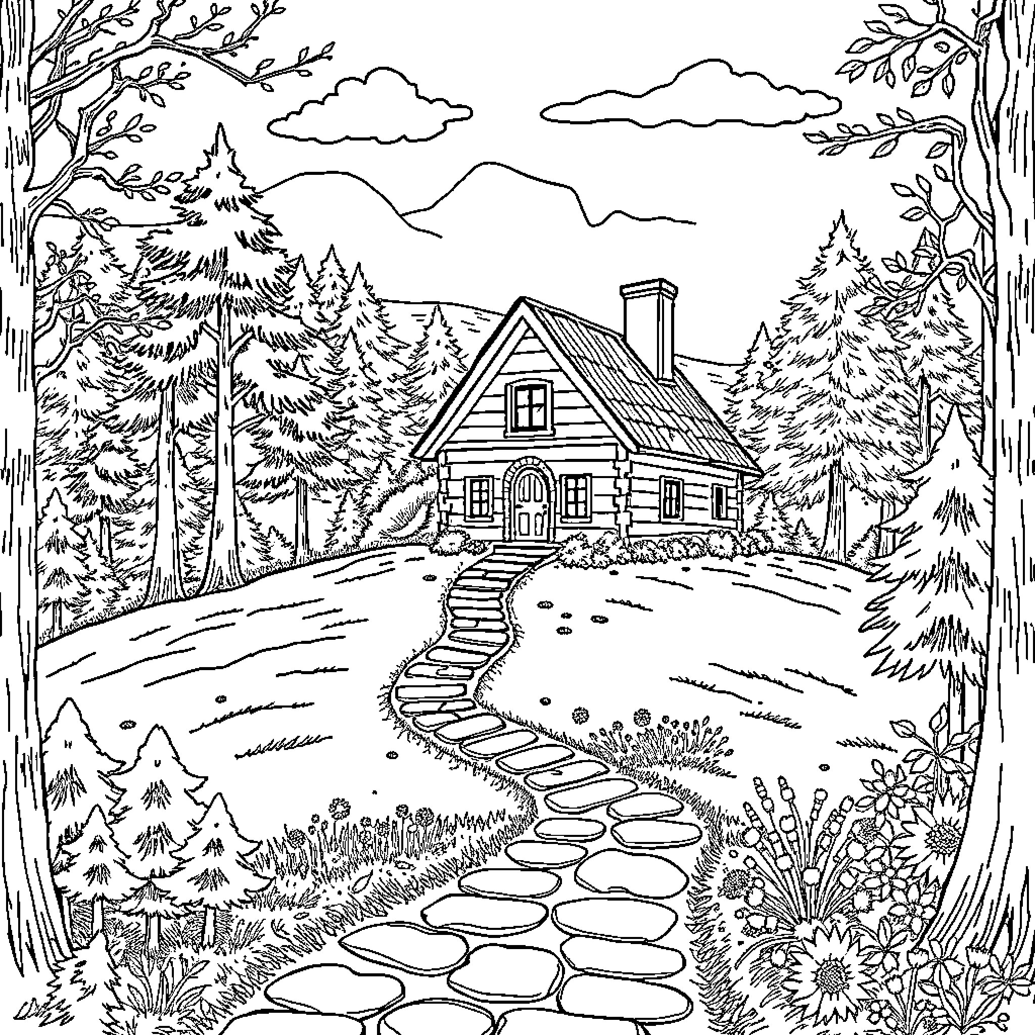Cottage in the Peaceful Woodland Landscape Coloring Page (free black-and-white line drawing printable PDF for all, from beginners to advanced learners, including children, teens, adults, and seniors)