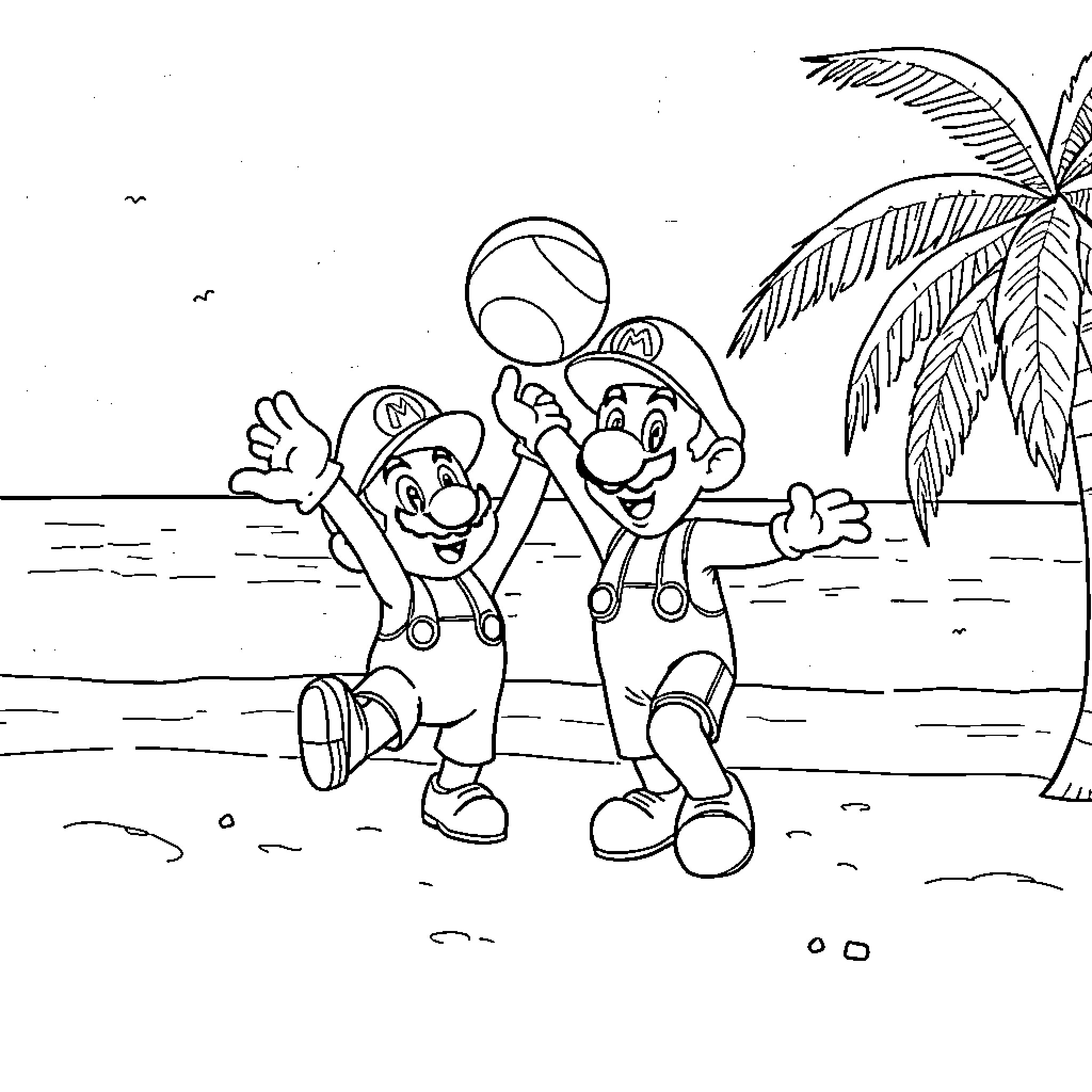 Mario and Luigi playing beach volleyball Coloring Page (free black-and-white line drawing printable PDF for all, from beginners to advanced learners, including children, teens, adults, and seniors)