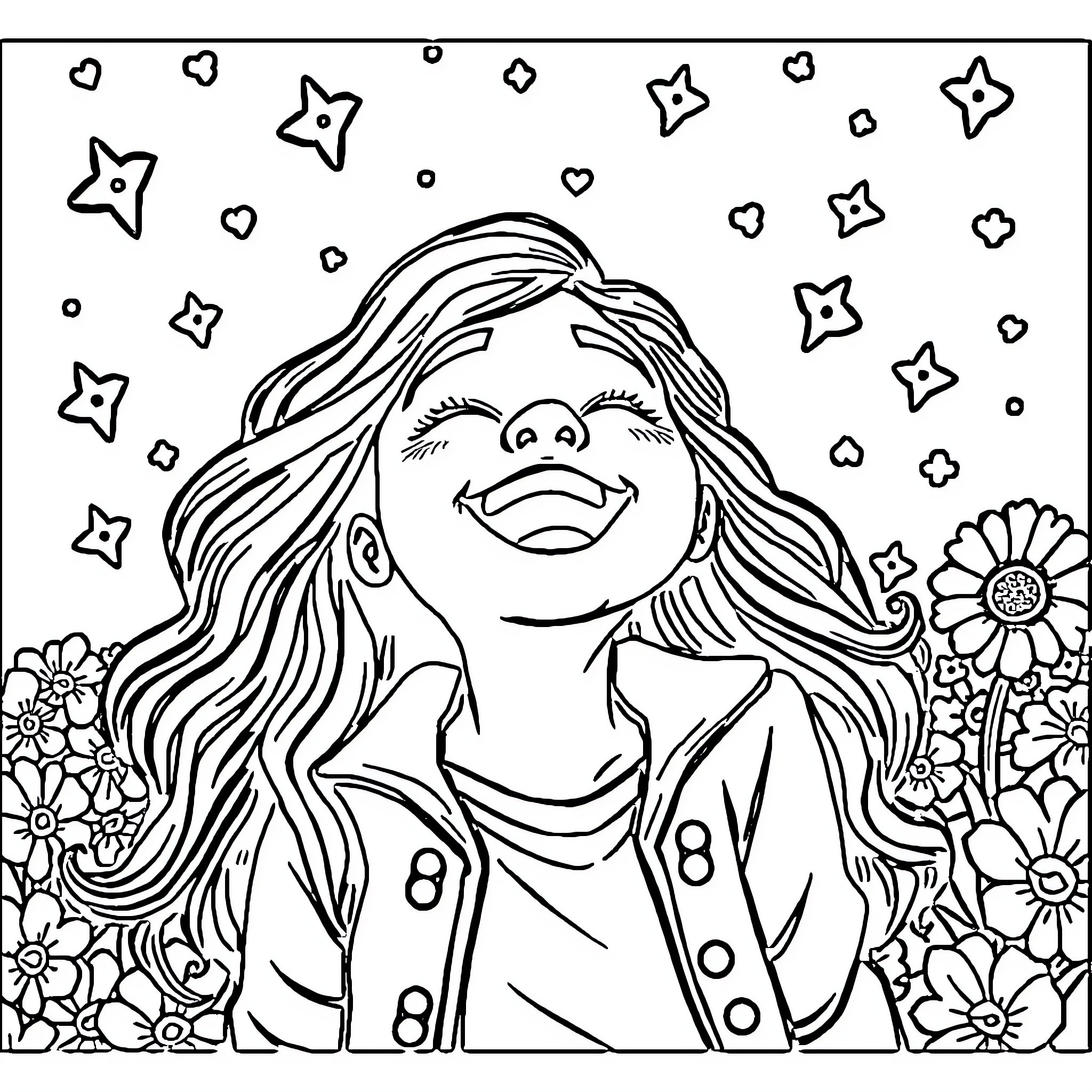 Joy in the Starry Meadow Coloring Page (free black-and-white line drawing printable PDF for all, from beginners to advanced learners, including children, teens, adults, and seniors)