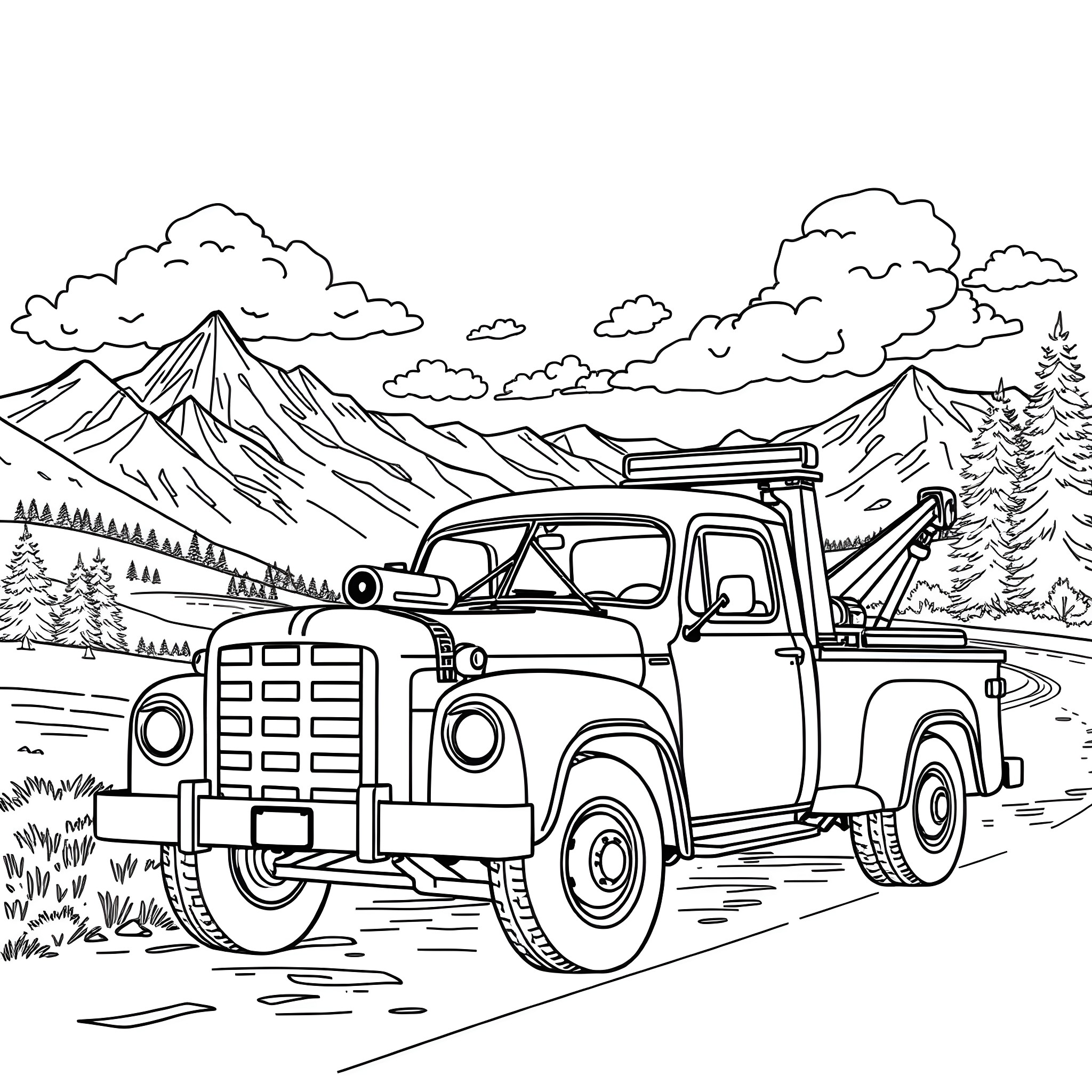 Tow Truck on a Mountain Road Coloring Page (free black-and-white line drawing printable PDF for all, from beginners to advanced learners, including children, teens, adults, and seniors)