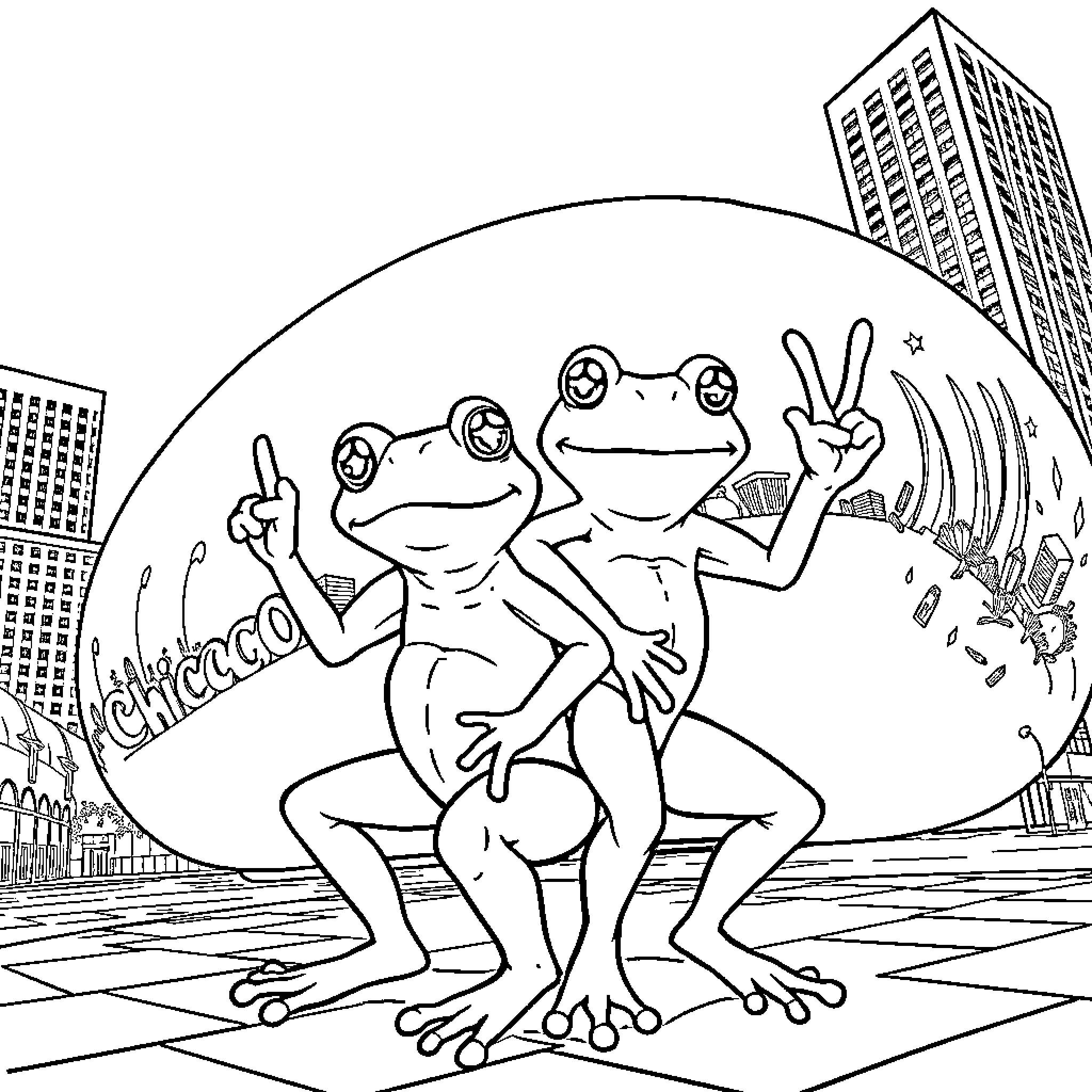 Frogs making peace signs in the city Coloring Page (free black-and-white line drawing printable PDF for all, from beginners to advanced learners, including children, teens, adults, and seniors)