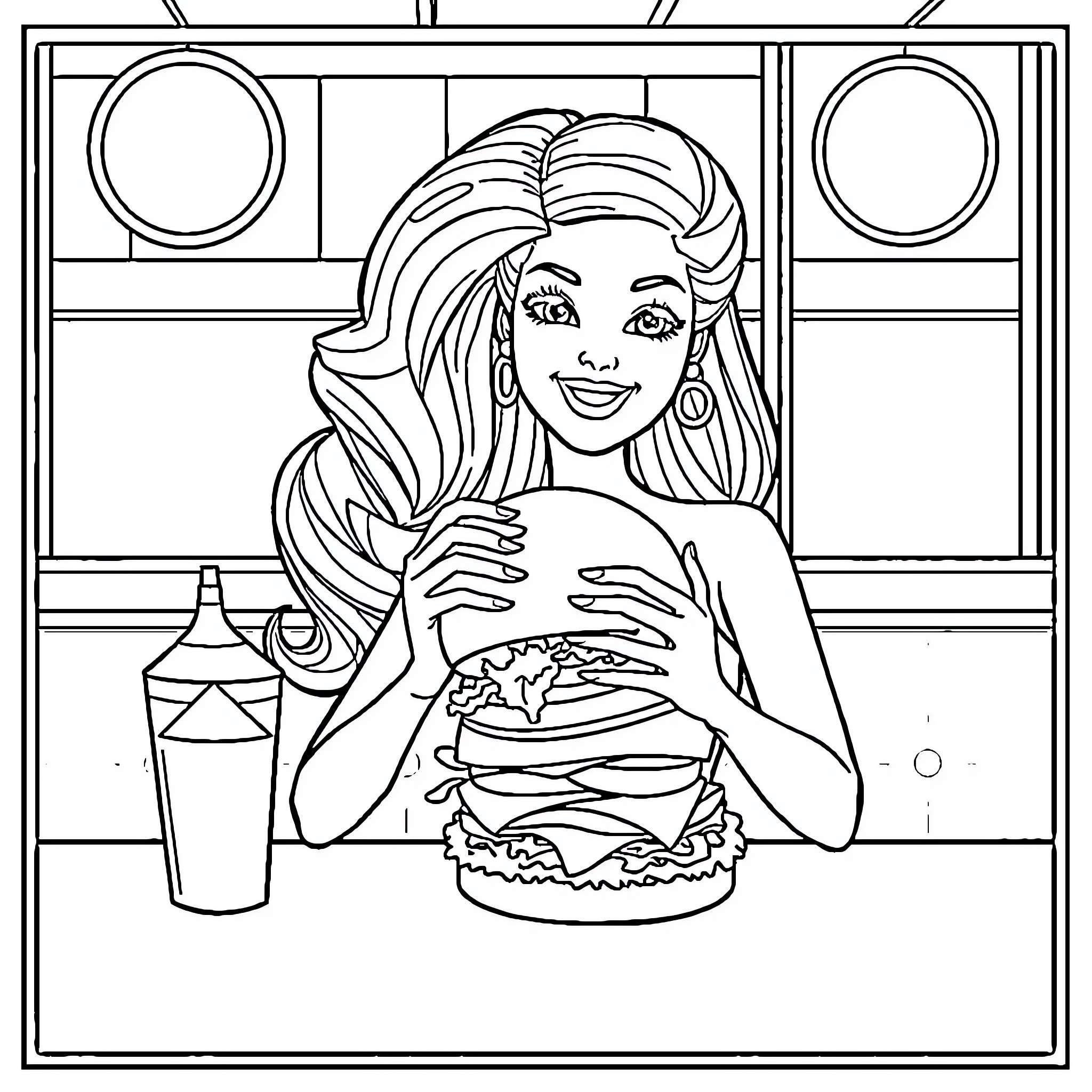 Barbie enjoying a delicious meal in her home Coloring Page (free black-and-white line drawing printable PDF for all, from beginners to advanced learners, including children, teens, adults, and seniors)