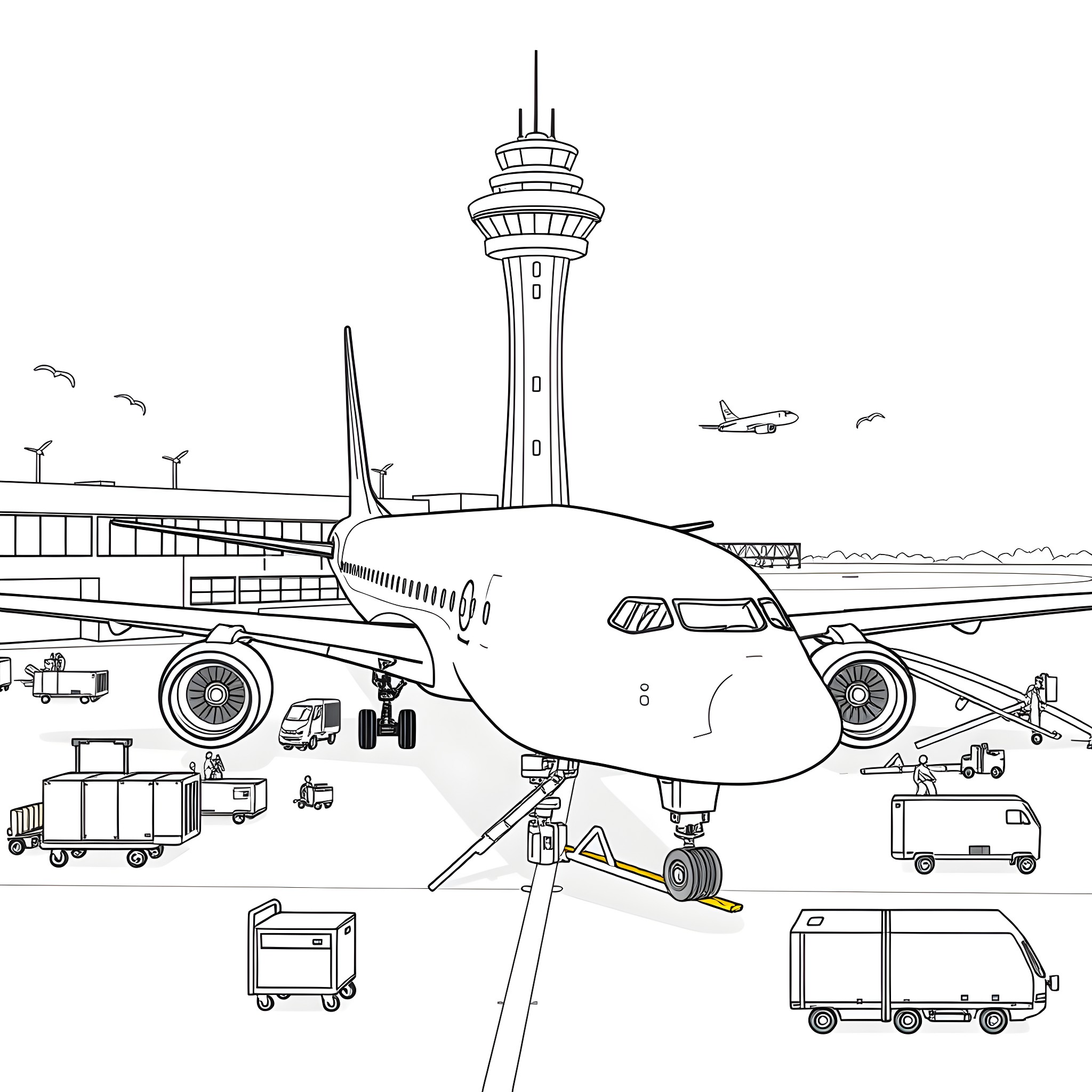 Aeroplane at the airport terminal with various ground equipment Coloring Page (free black-and-white line drawing printable PDF for all, from beginners to advanced learners, including children, teens, adults, and seniors)