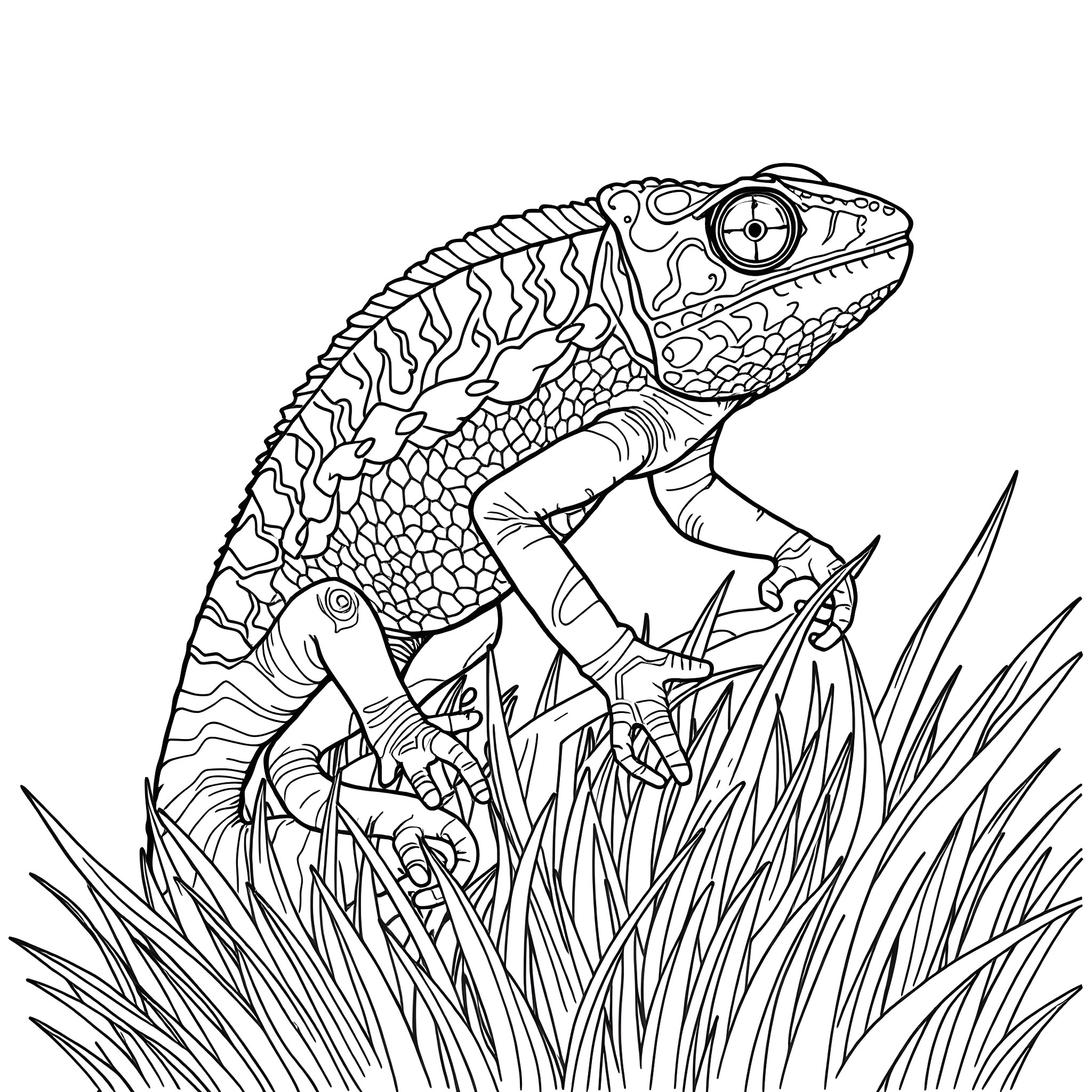 Chameleon exploring the lush vegetation Coloring Page (free black-and-white line drawing printable PDF for all, from beginners to advanced learners, including children, teens, adults, and seniors)