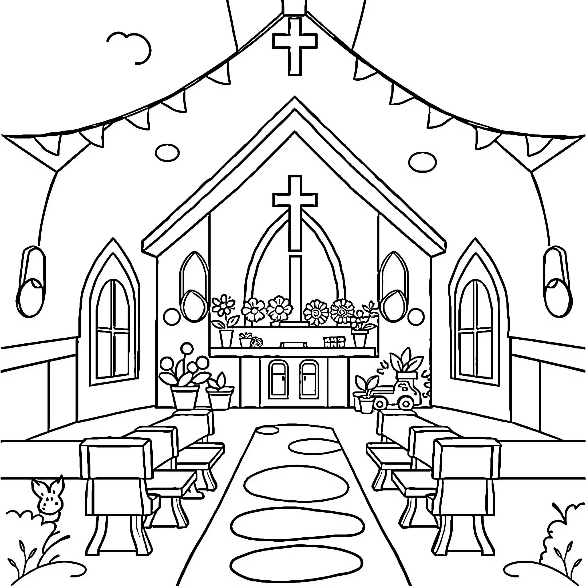 Church Decorated for Celebration with Crosses and Flowers Coloring Page (free black-and-white line drawing printable PDF for all, from beginners to advanced learners, including children, teens, adults, and seniors)
