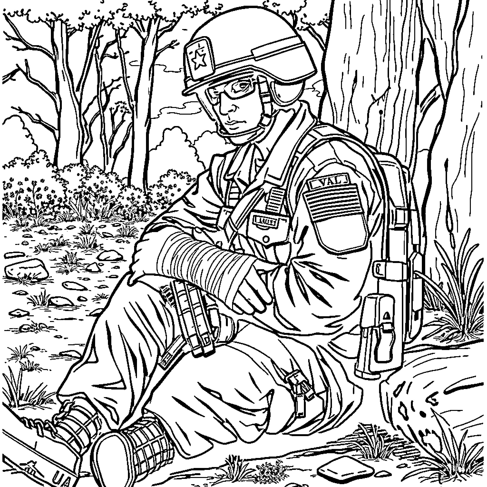 Soldier resting in the wilderness Coloring Page (free black-and-white line drawing printable PDF for all, from beginners to advanced learners, including children, teens, adults, and seniors)