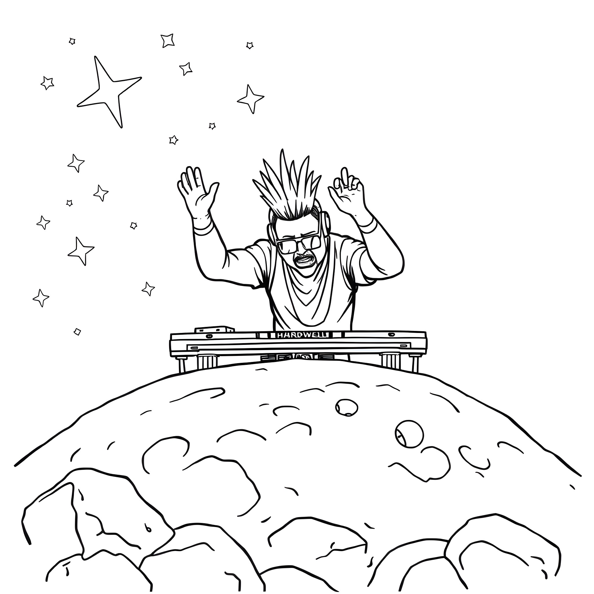 Hardwell performing energetically on stage Coloring Page (free black-and-white line drawing printable PDF for all, from beginners to advanced learners, including children, teens, adults, and seniors)