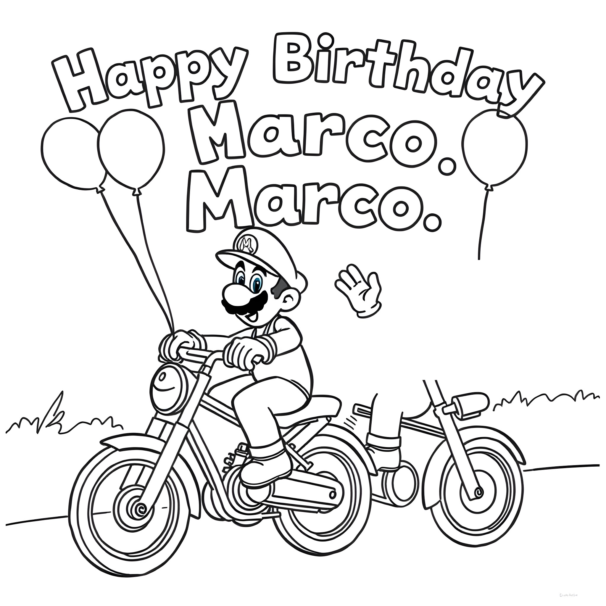 Mario's Birthday Celebration on Motorcycle Coloring Page (free black-and-white line drawing printable PDF for all, from beginners to advanced learners, including children, teens, adults, and seniors)