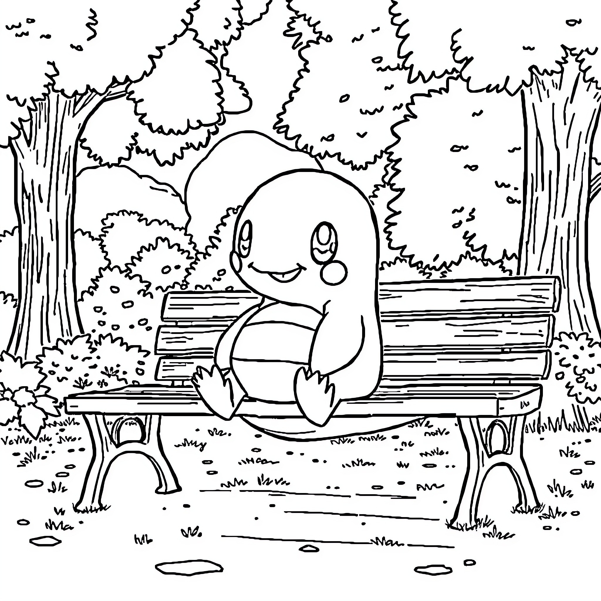 Wailmer sitting peacefully on a park bench Coloring Page (free black-and-white line drawing printable PDF for all, from beginners to advanced learners, including children, teens, adults, and seniors)