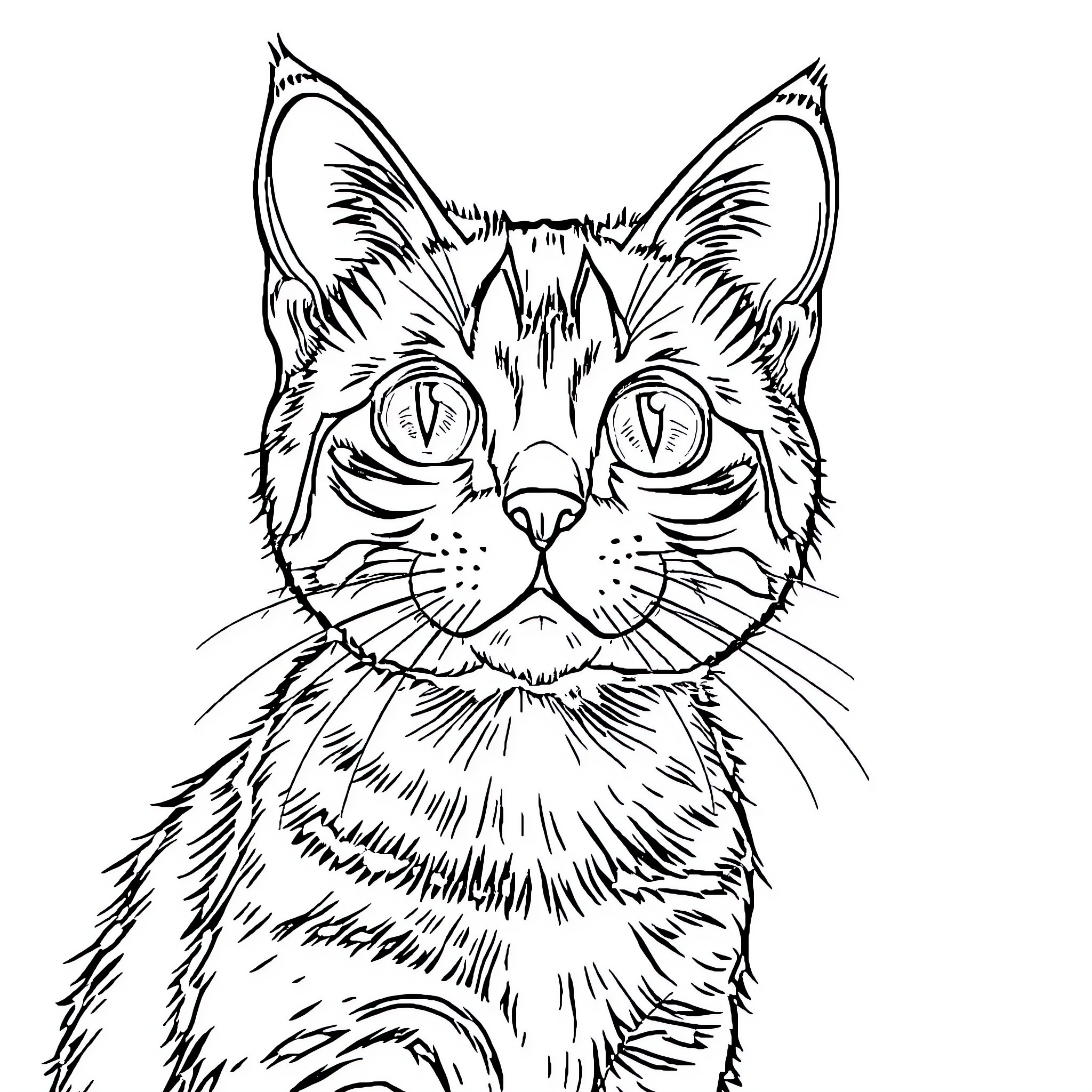 Cat in intense focus Coloring Page (free black-and-white line drawing printable PDF for all, from beginners to advanced learners, including children, teens, adults, and seniors)