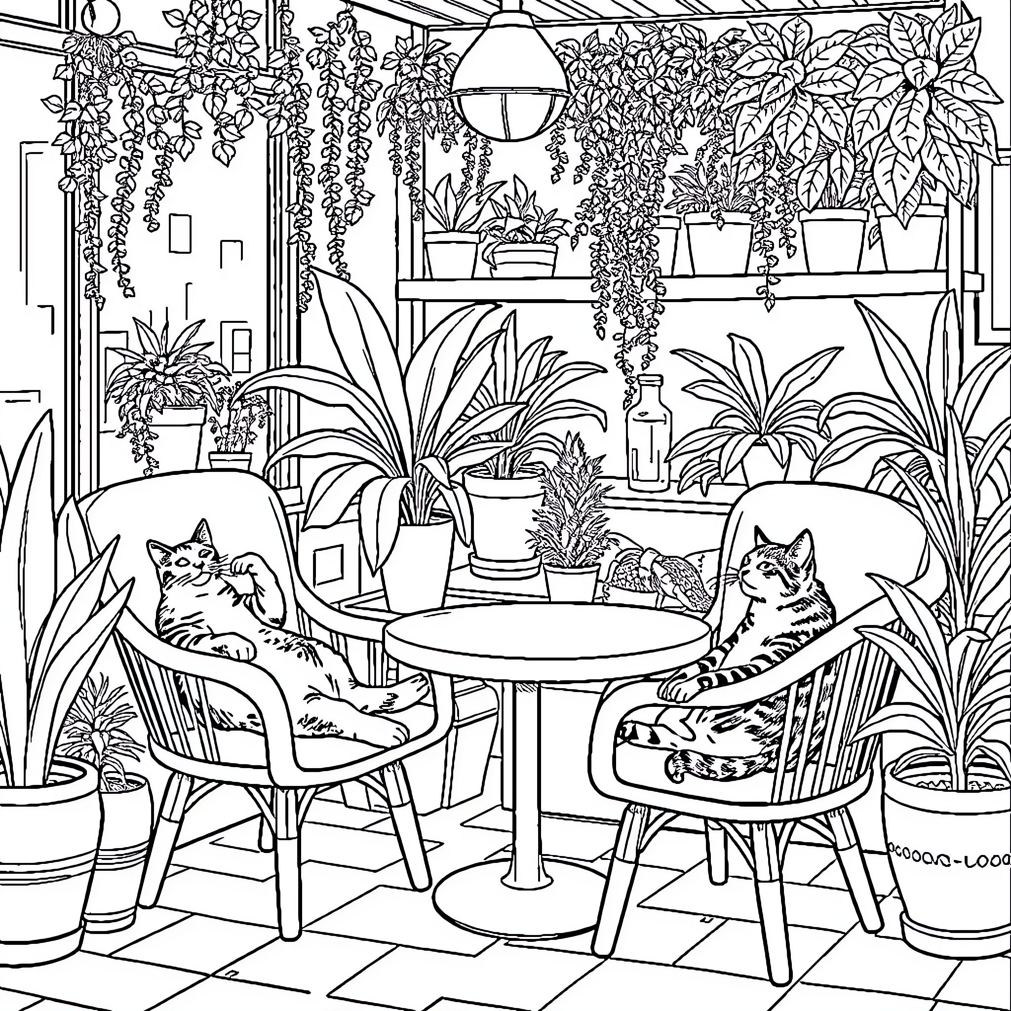 Cats Relaxing in Lush Indoor Garden Coloring Page (free black-and-white line drawing printable PDF for all, from beginners to advanced learners, including children, teens, adults, and seniors)