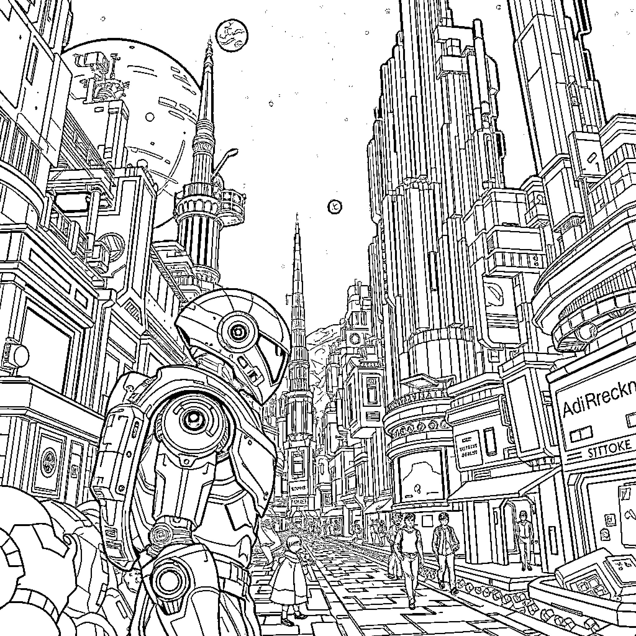 Cyborg Navigating Futuristic Metropolis Coloring Page (free black-and-white line drawing printable PDF for all, from beginners to advanced learners, including children, teens, adults, and seniors)