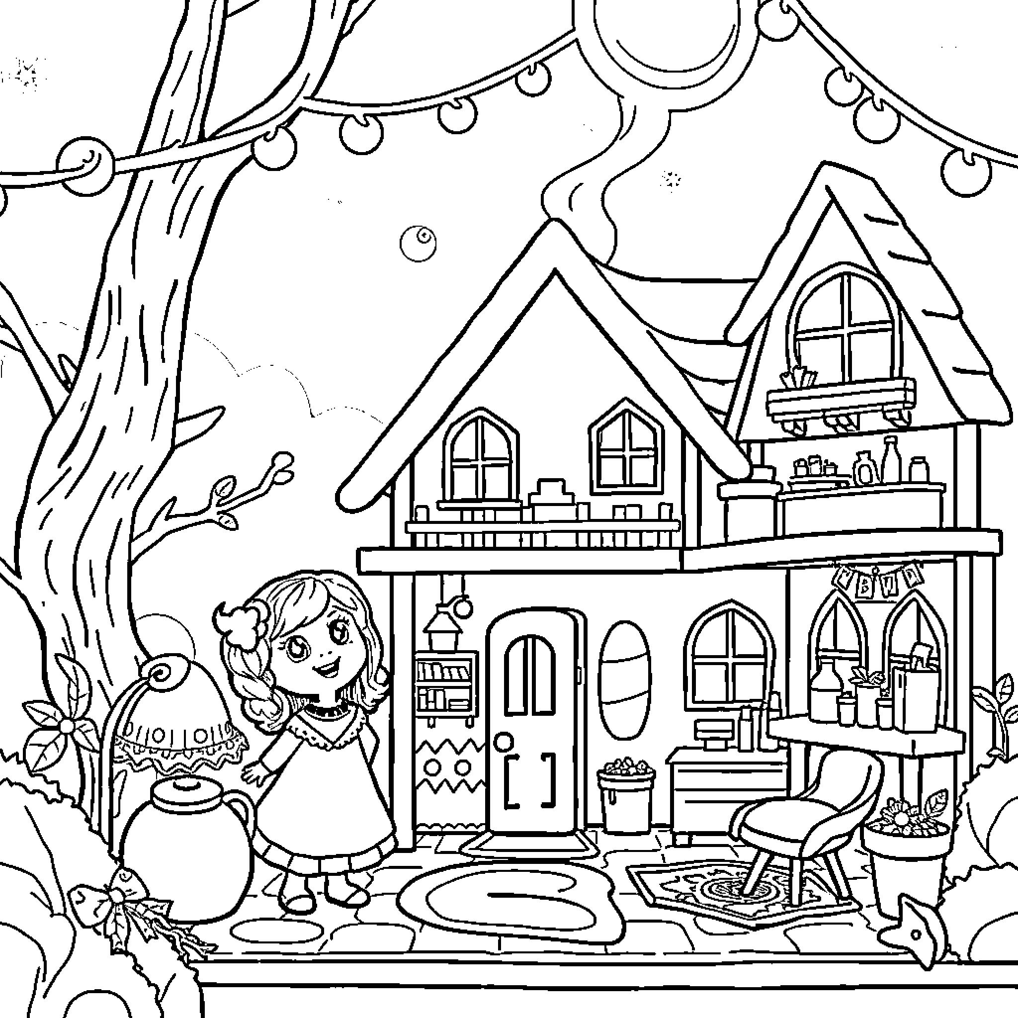 Dollhouse with a smiling girl playing outside Coloring Page (free black-and-white line drawing printable PDF for all, from beginners to advanced learners, including children, teens, adults, and seniors)