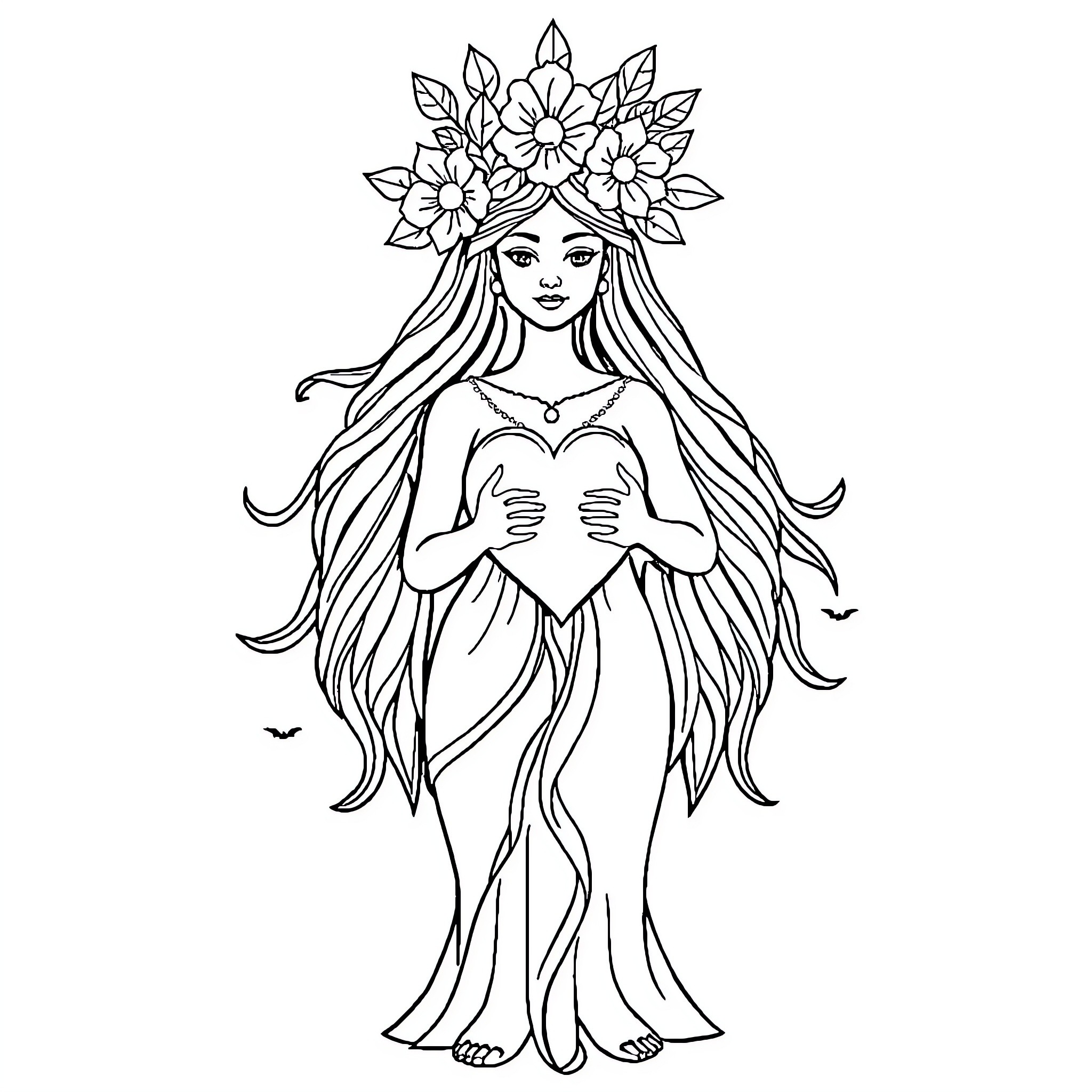 Mother Nature embodied in a serene maiden Coloring Page (free black-and-white line drawing printable PDF for all, from beginners to advanced learners, including children, teens, adults, and seniors)