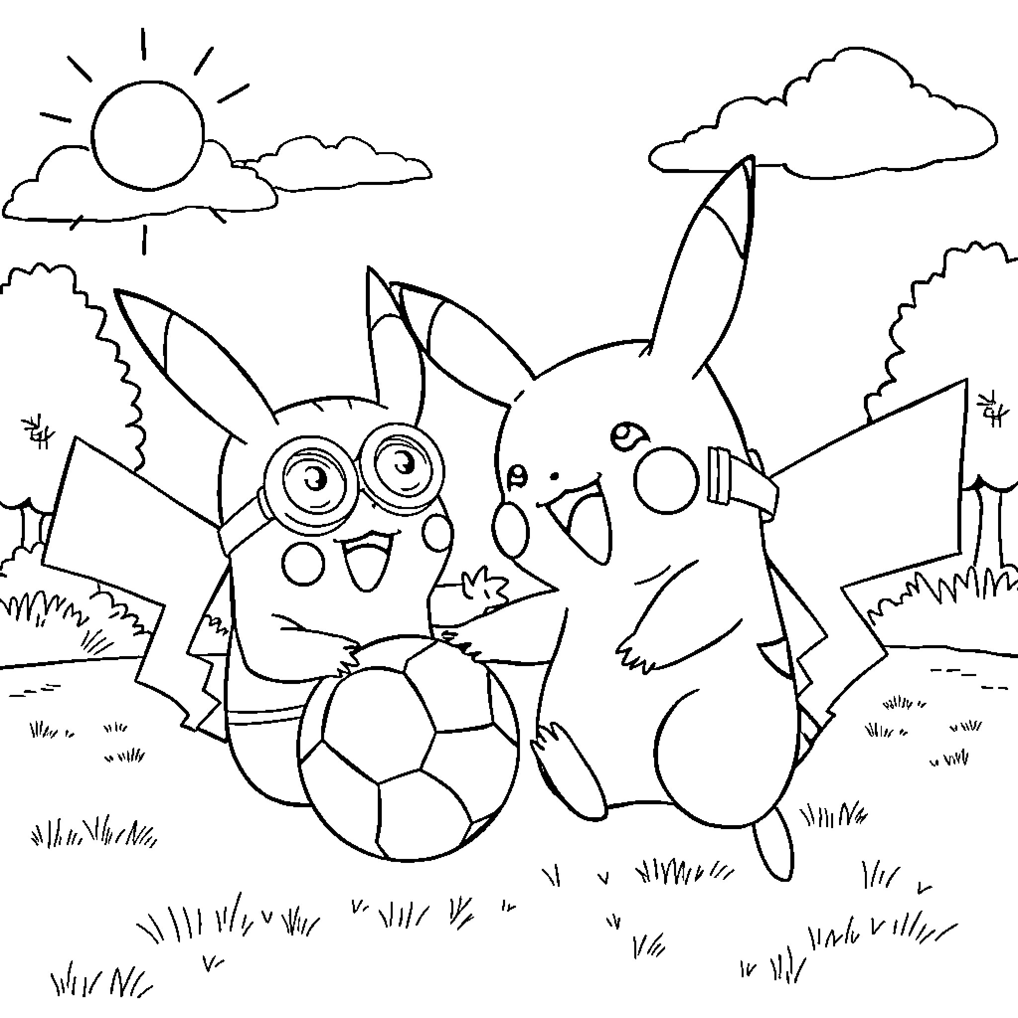 Pikachu and Furball friends explore the outdoors Coloring Page (free black-and-white line drawing printable PDF for all, from beginners to advanced learners, including children, teens, adults, and seniors)