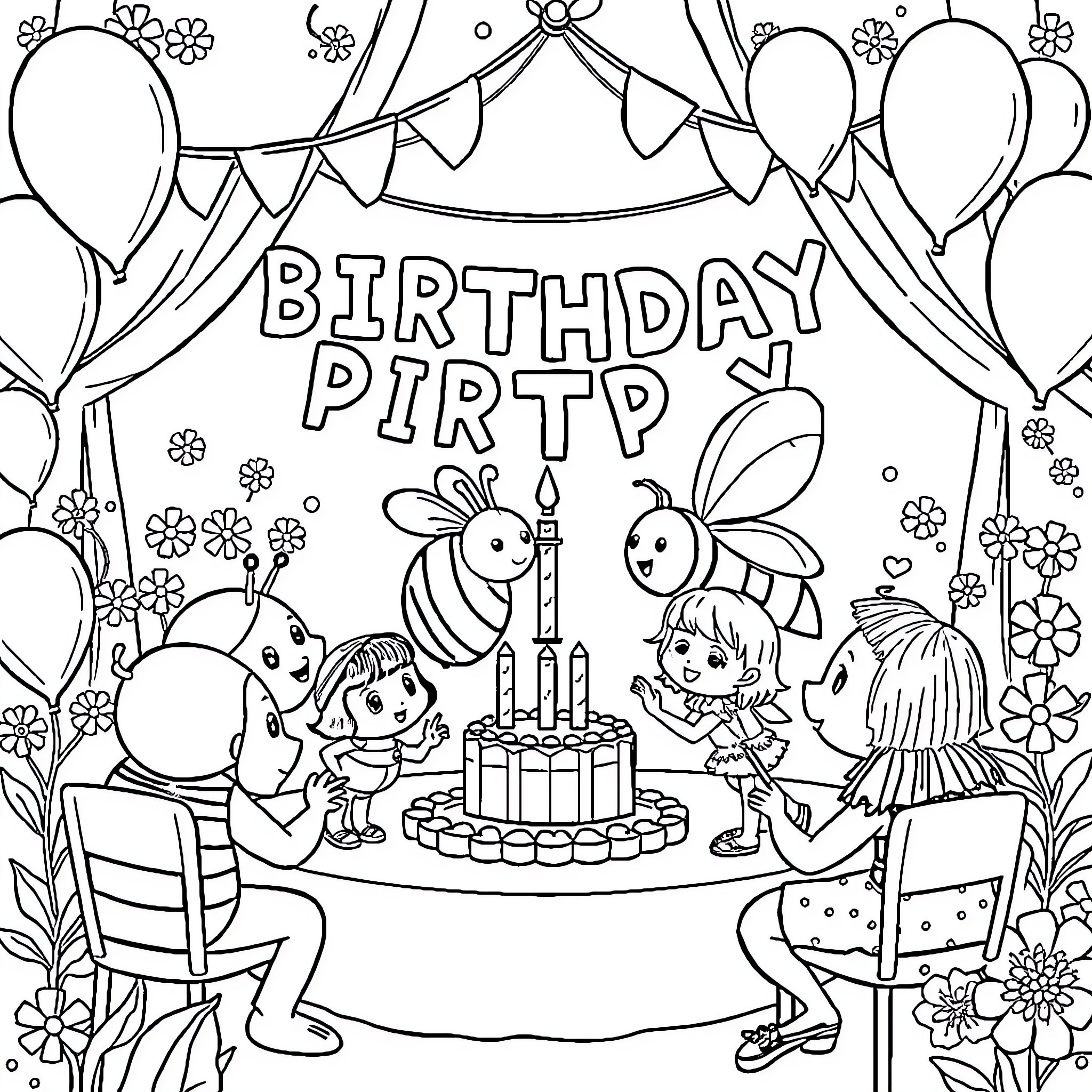 Ladybird celebrates birthday party with friends Coloring Page (free black-and-white line drawing printable PDF for all, from beginners to advanced learners, including children, teens, adults, and seniors)