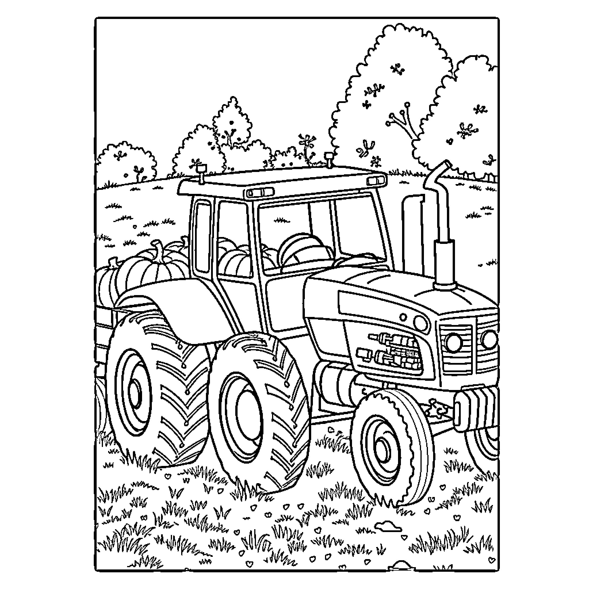 Tractor working in the countryside Coloring Page (free black-and-white line drawing printable PDF for all, from beginners to advanced learners, including children, teens, adults, and seniors)