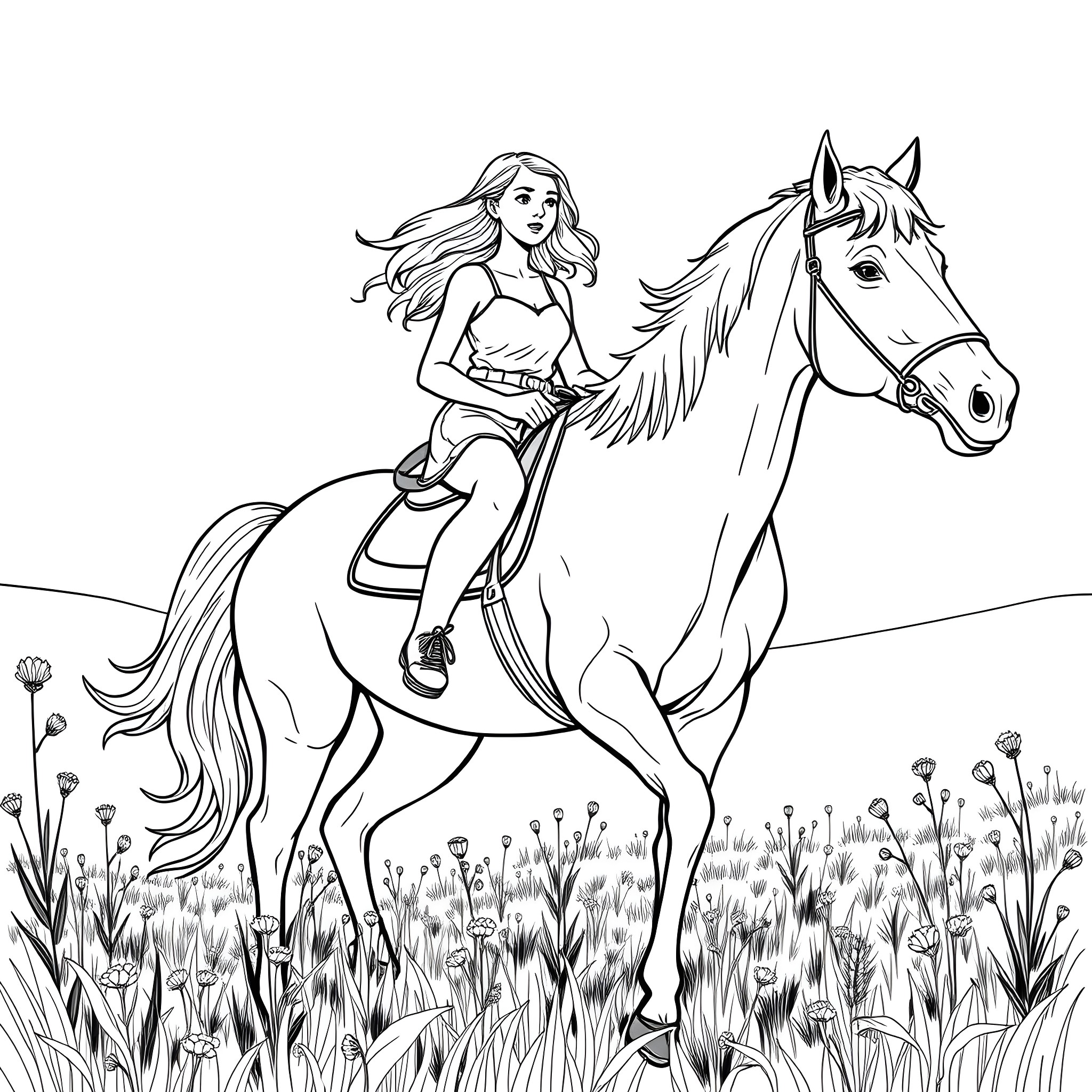 Teen Girl Riding Majestic Horse Through Meadow Coloring Page (free black-and-white line drawing printable PDF for all, from beginners to advanced learners, including children, teens, adults, and seniors)