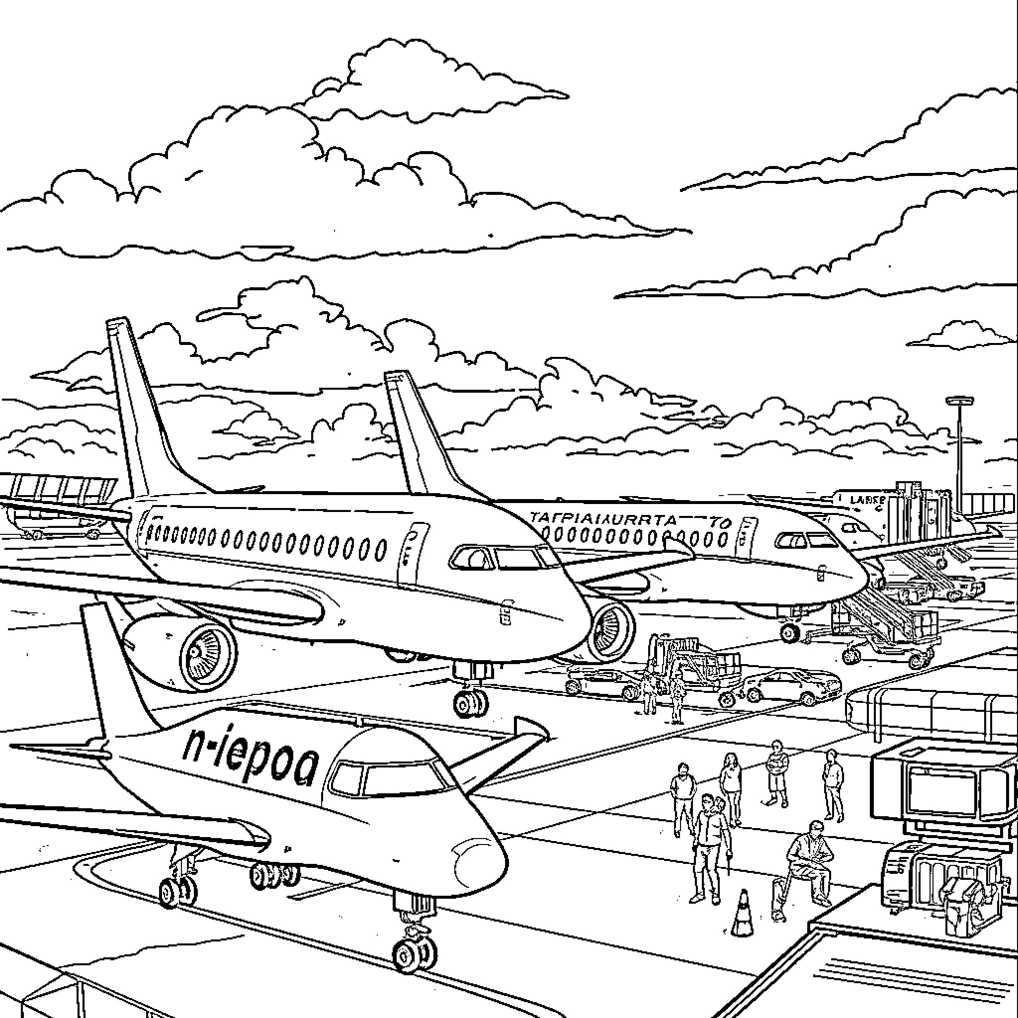 Plane taking off and landing at the airport Coloring Page (free black-and-white line drawing printable PDF for all, from beginners to advanced learners, including children, teens, adults, and seniors)