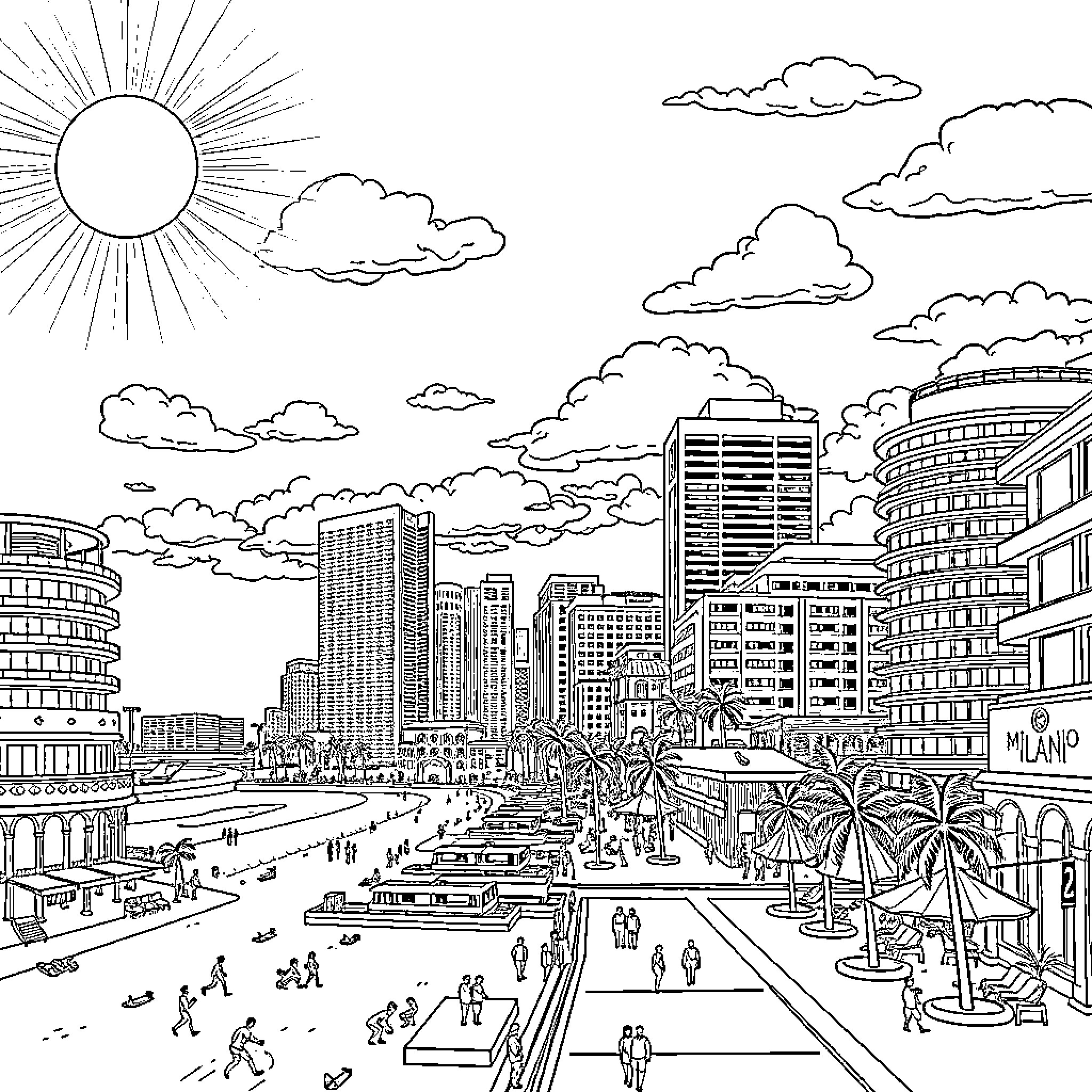 Miami bustling with activity and vibrant cityscape Coloring Page (free black-and-white line drawing printable PDF for all, from beginners to advanced learners, including children, teens, adults, and seniors)