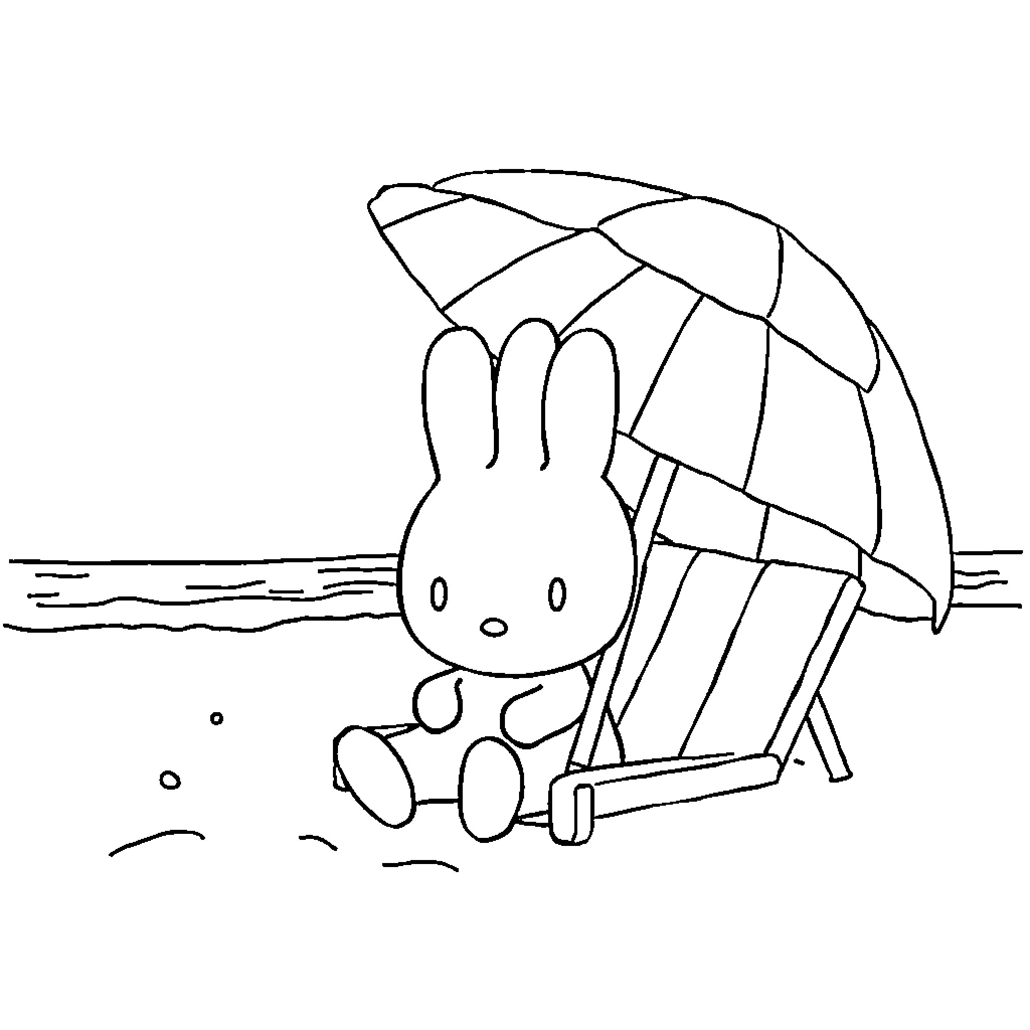 Miffy enjoying a day at the beach with her umbrella Coloring Page (free black-and-white line drawing printable PDF for all, from beginners to advanced learners, including children, teens, adults, and seniors)